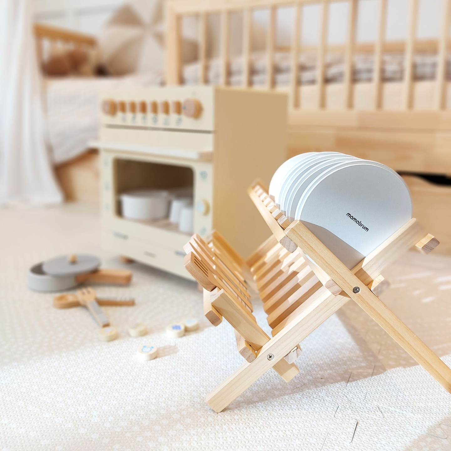 Accesorii de bucătărie din lemn cu uscător de vase - set pentru copii