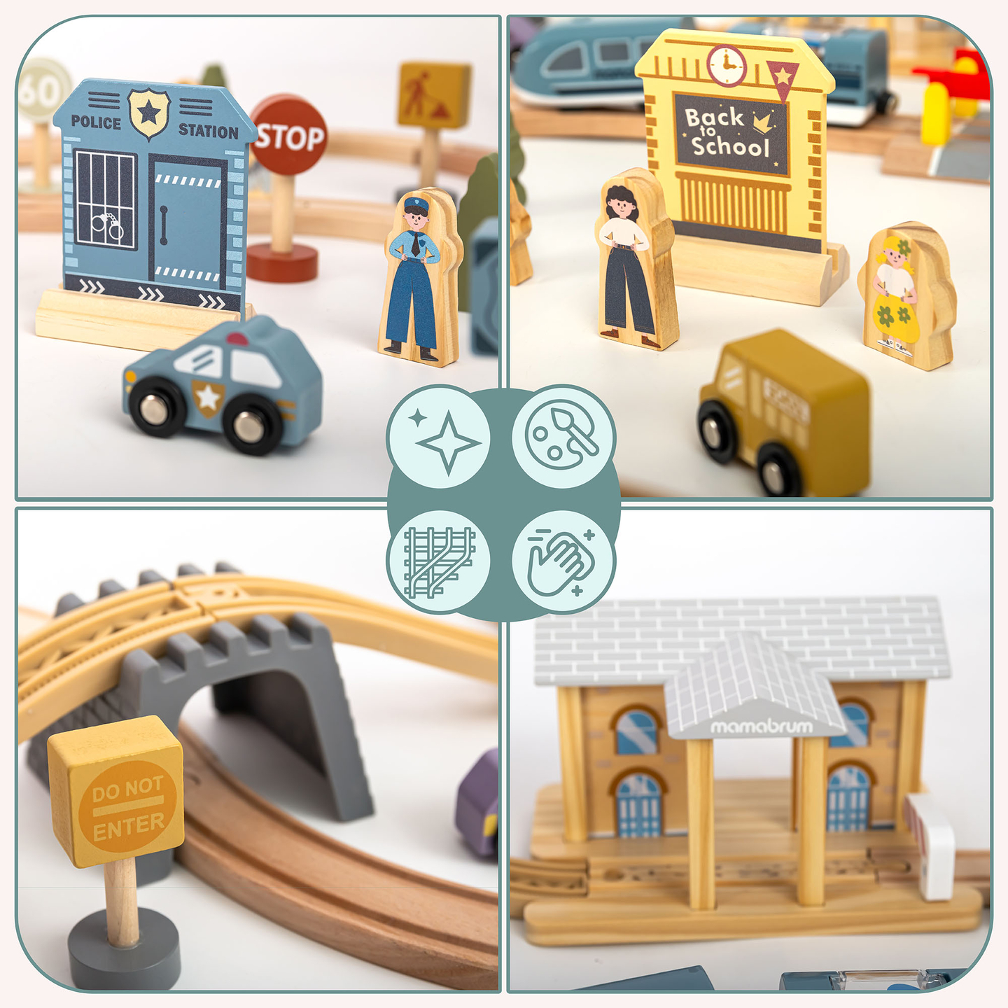 Cale ferată urbană din lemn cu tren electric - macara în mișcare, navă, poduri