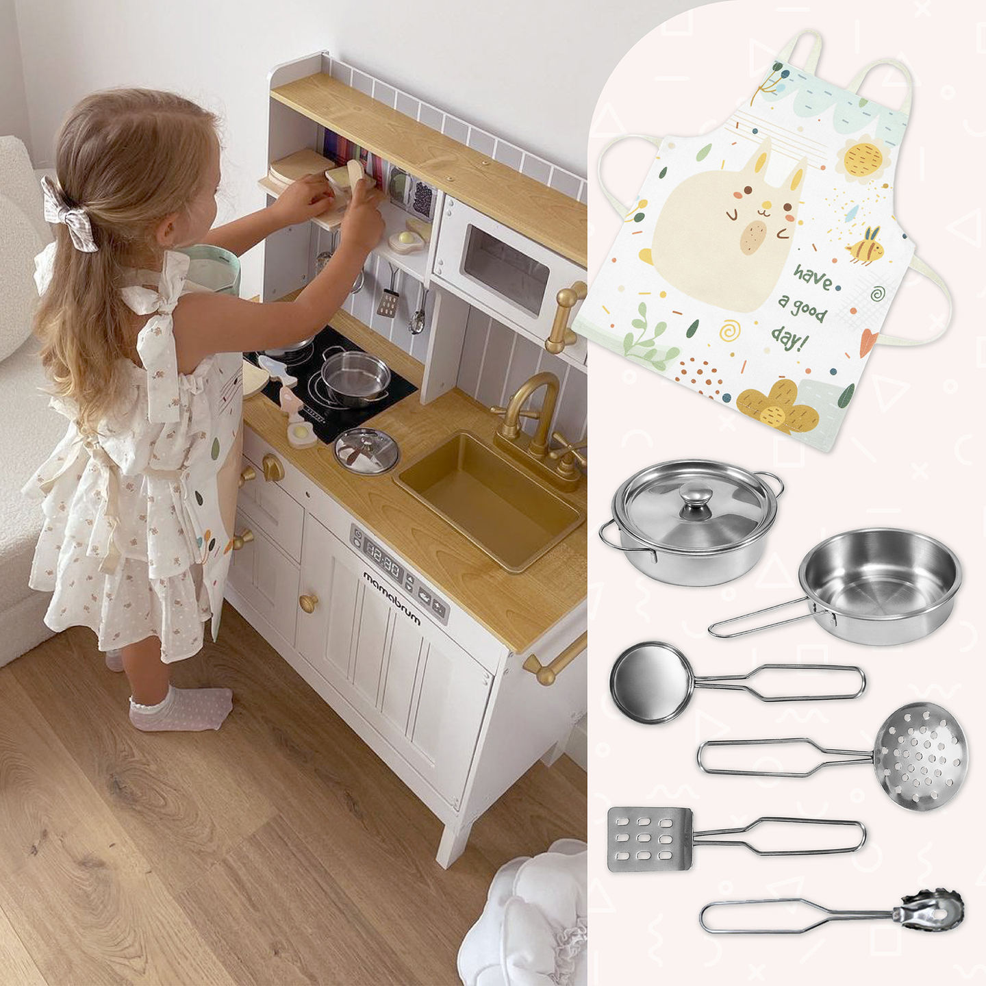 Bucătărie albă din lemn cu accesorii și șorț