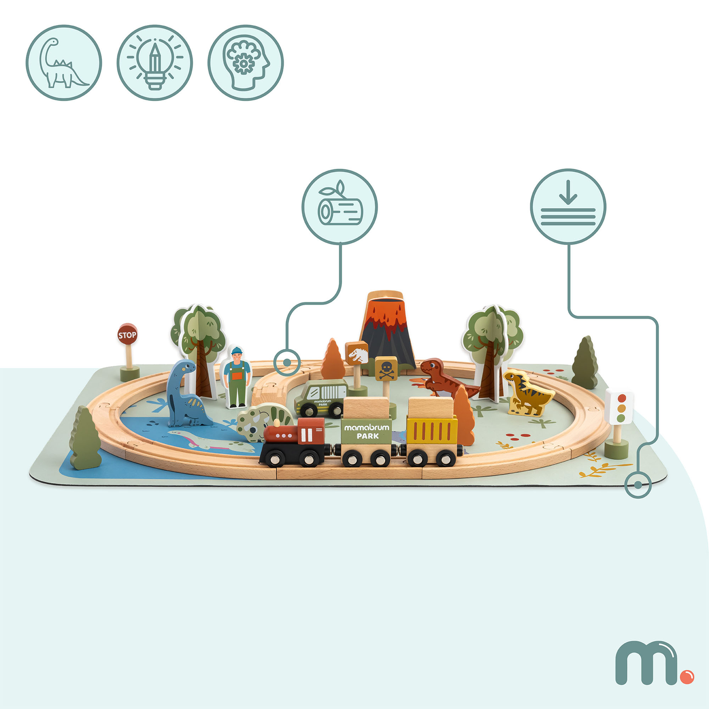 Trenuleț din lemn Dino Park cu covoraș antiderapant - dinozauri, tren, șine, vulcan, clopot