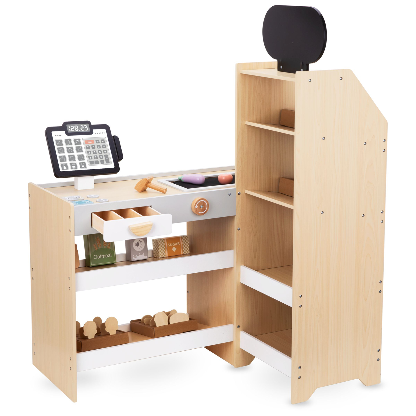 Piață de legume din lemn - tarabă mare XXL, magazin cu casă de marcat