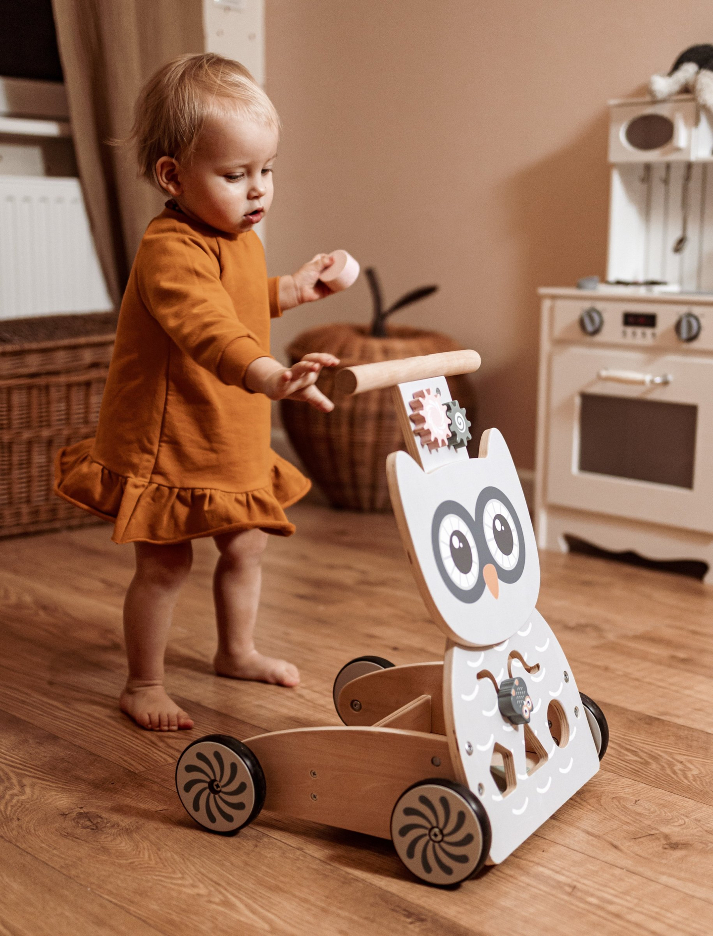 Plimbător multifuncțional din lemn - împingător - cărucior cu blocuri - Bufniță