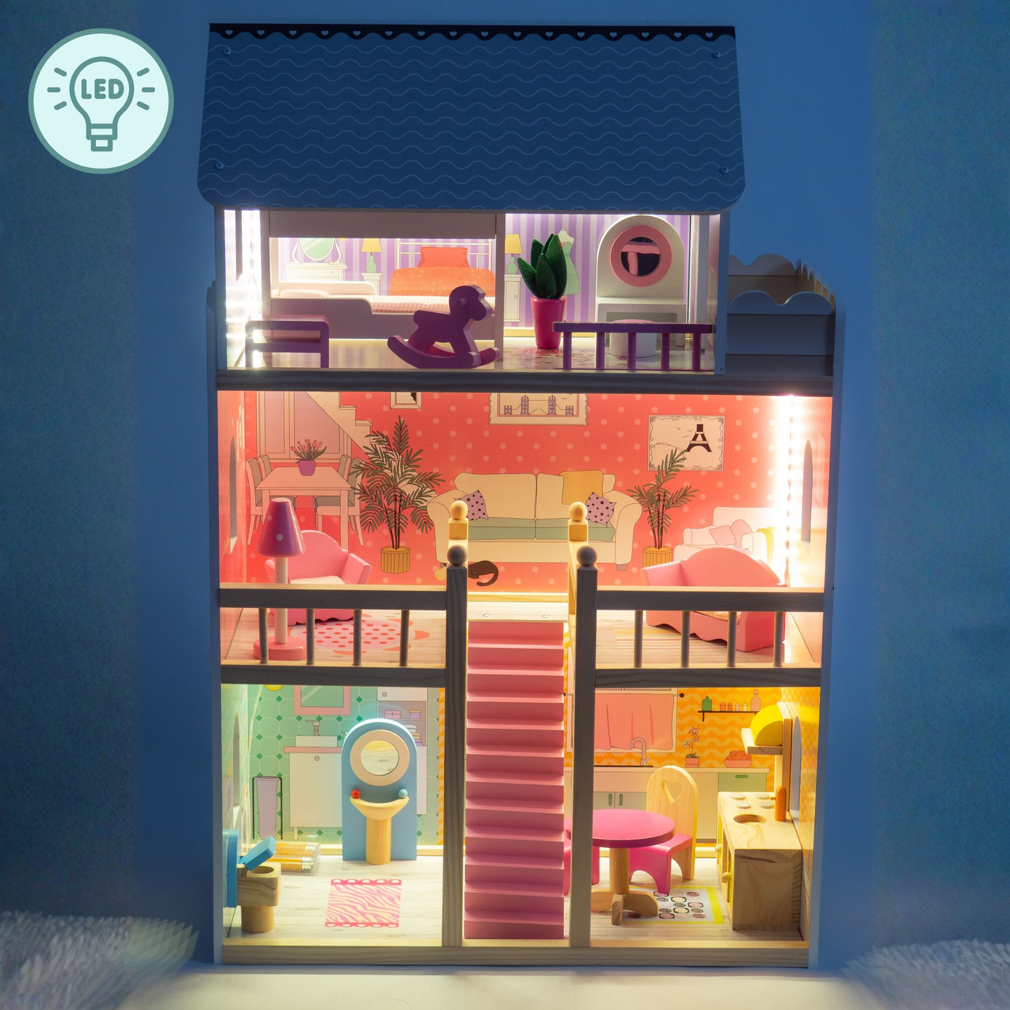 Casă mare de păpuși din lemn cu 3 etaje, cu terasă, set de mobilier și iluminare cu LED-uri!