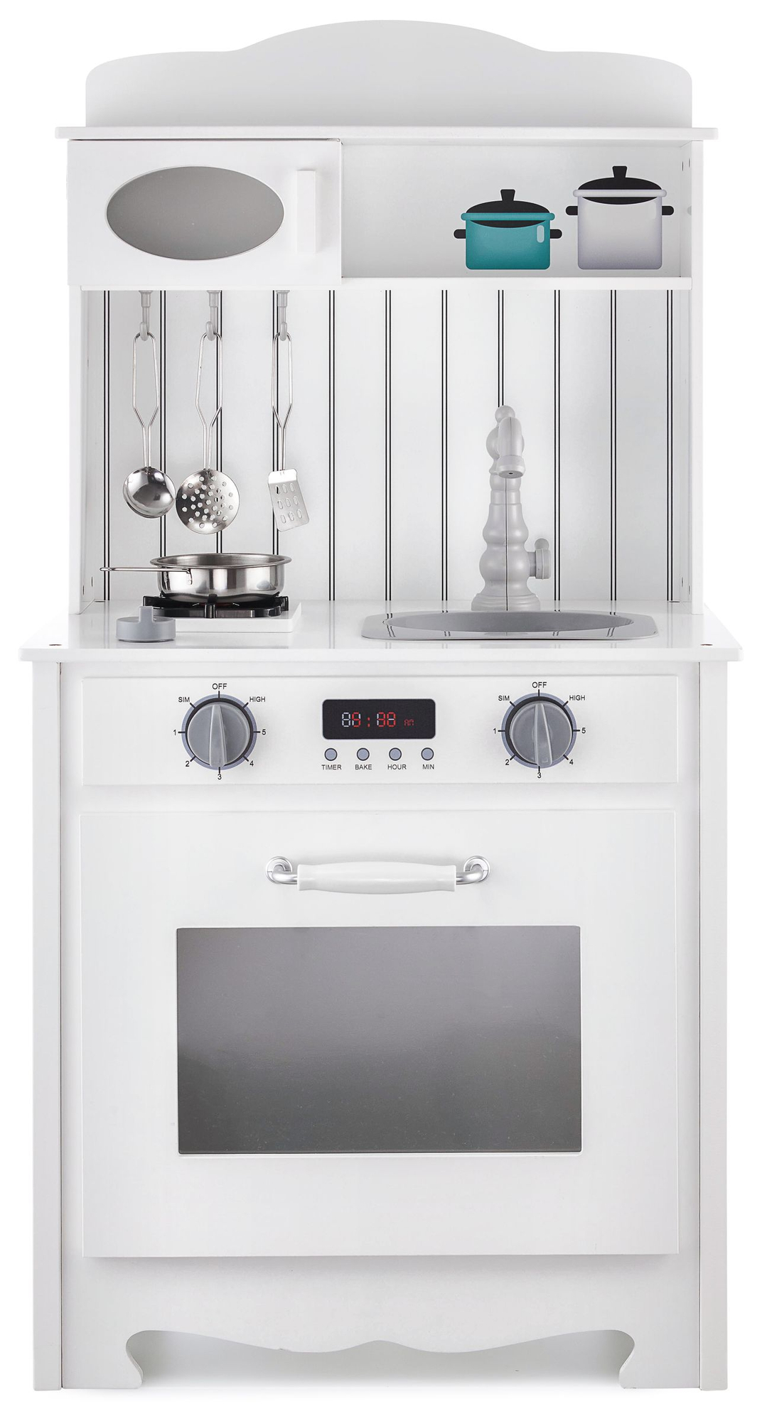 Bucătărie albă din lemn cu șorț, accesorii și lampă LED