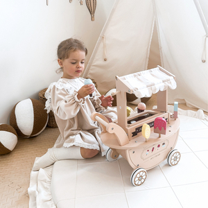 Sală de înghețată din lemn pentru copii - cărucior pe roți cu accesorii