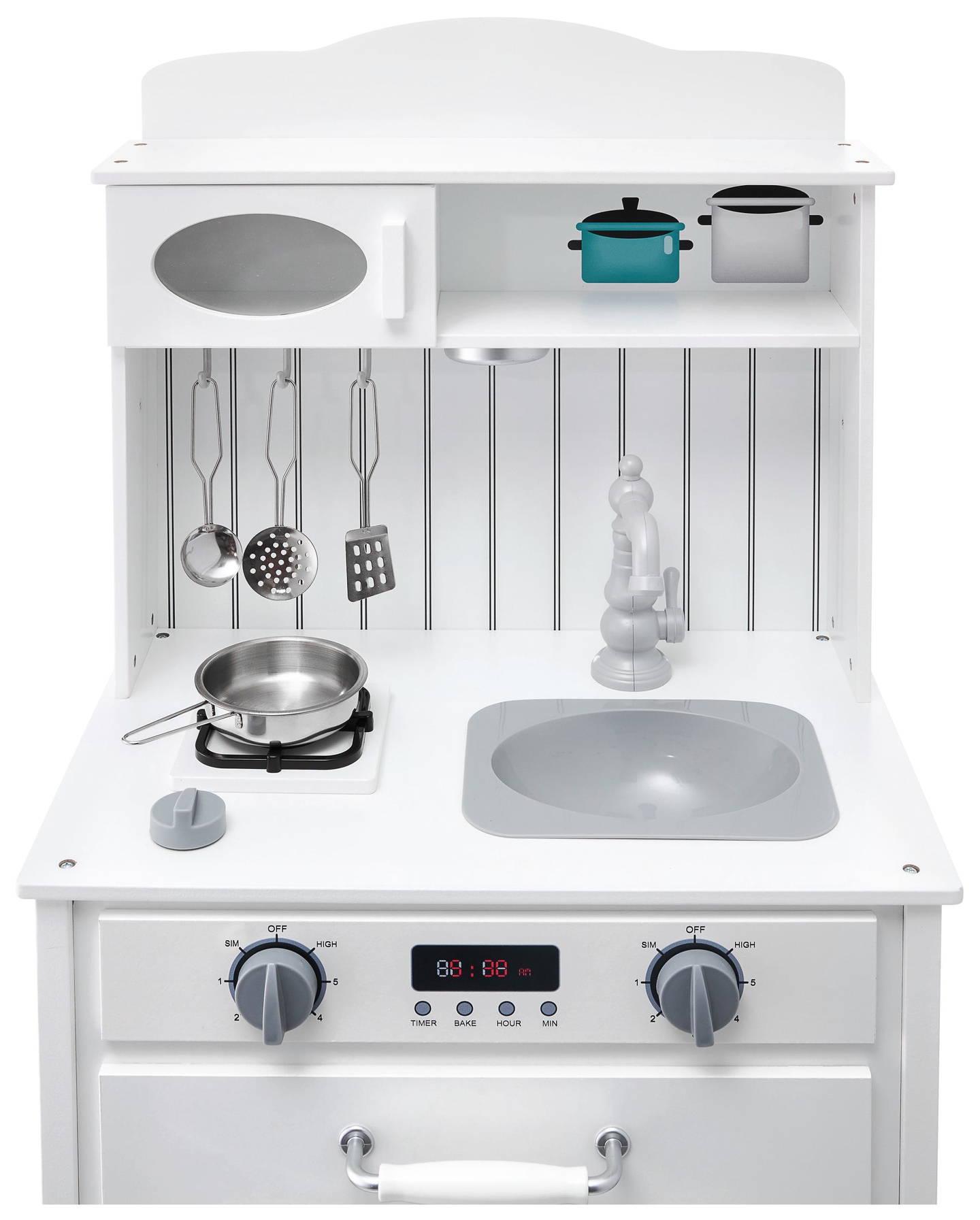 Bucătărie albă din lemn cu șorț, accesorii și lampă LED