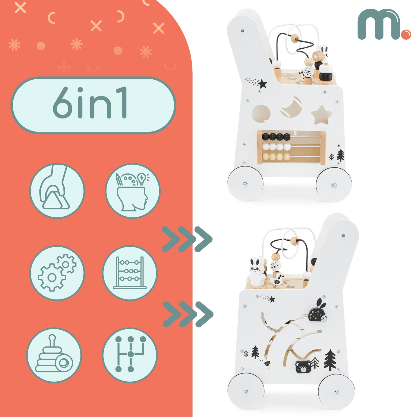 6in1 cărucior din lemn, Walker cu funcție de masă de învățare