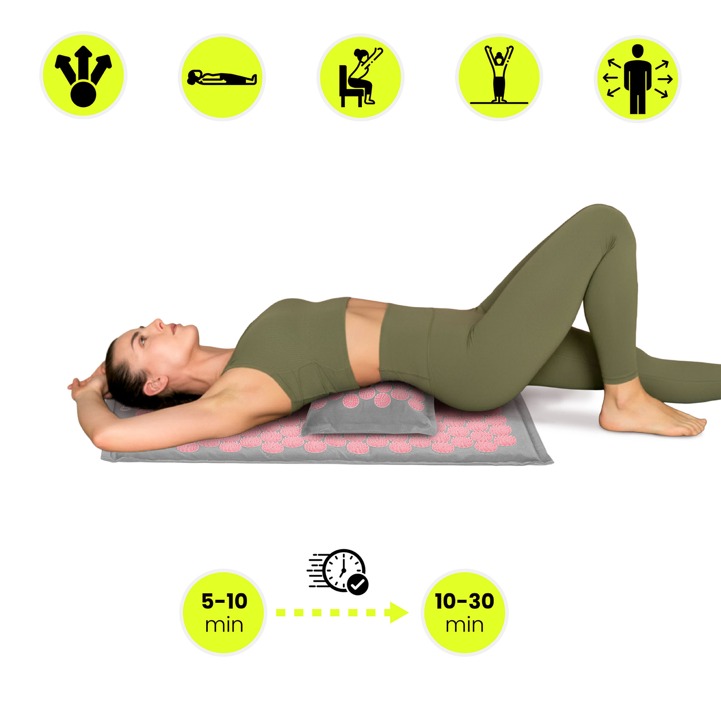 Saltea de presopunctură ECO din in cu fibră de cocos și pernă de hrișcă – 68 cm HyperMotion gri și roz