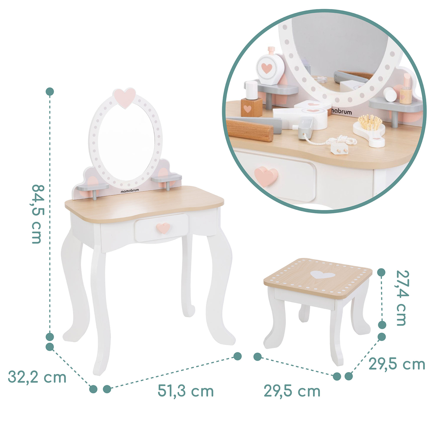 Măsuță de toaletă din lemn cu scaun și accesorii