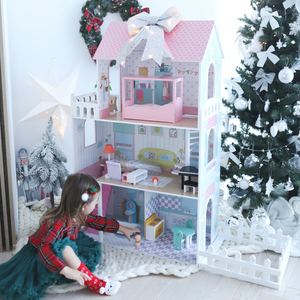 XXL Cea mai mare casă de păpuși din lemn - 123 cm - iluminată cu LED-uri - terasă, accesorii, grădină