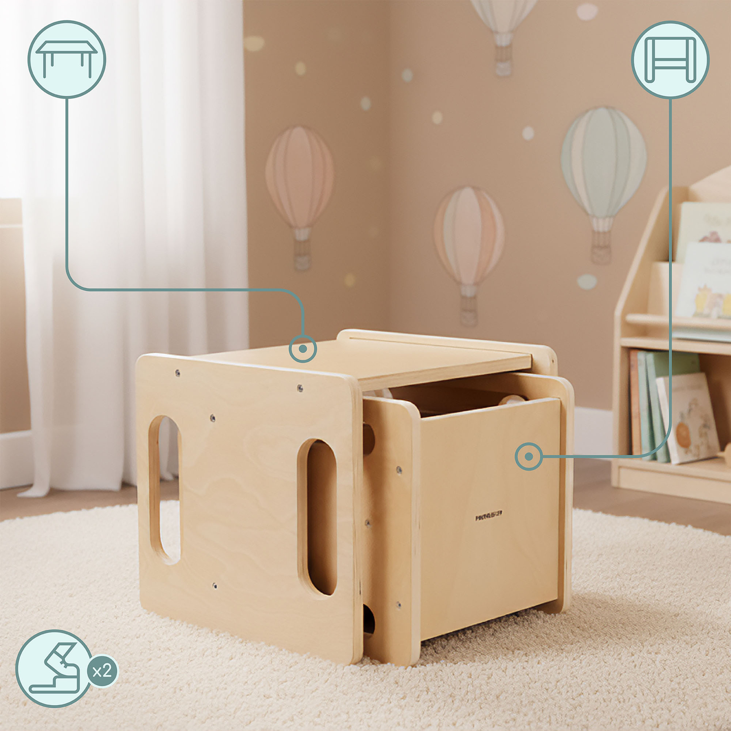 Masă și scaun din lemn cu funcție de piatră de treaptă – un set Montessori multifuncțional pentru copii