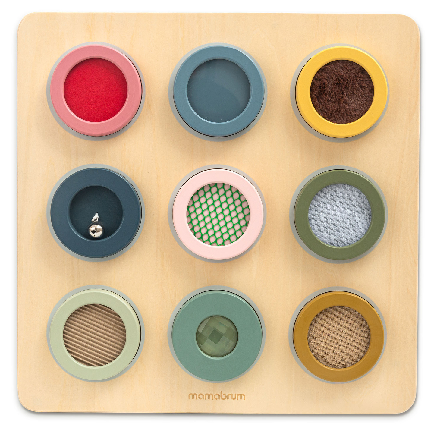 Tablă senzorială Montessori din lemn – 9 texturi pentru a descoperi și dezvolta simțul tactil