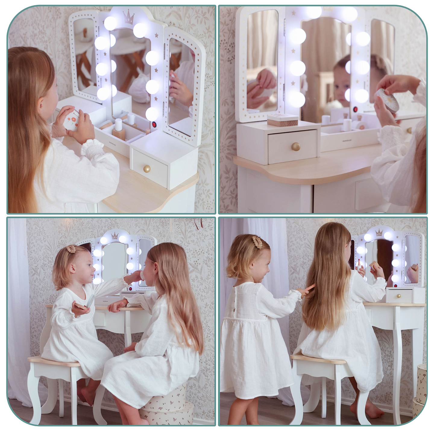 Masă de toaletă XXL din lemn cu taburet și iluminare LED pentru copii + accesorii