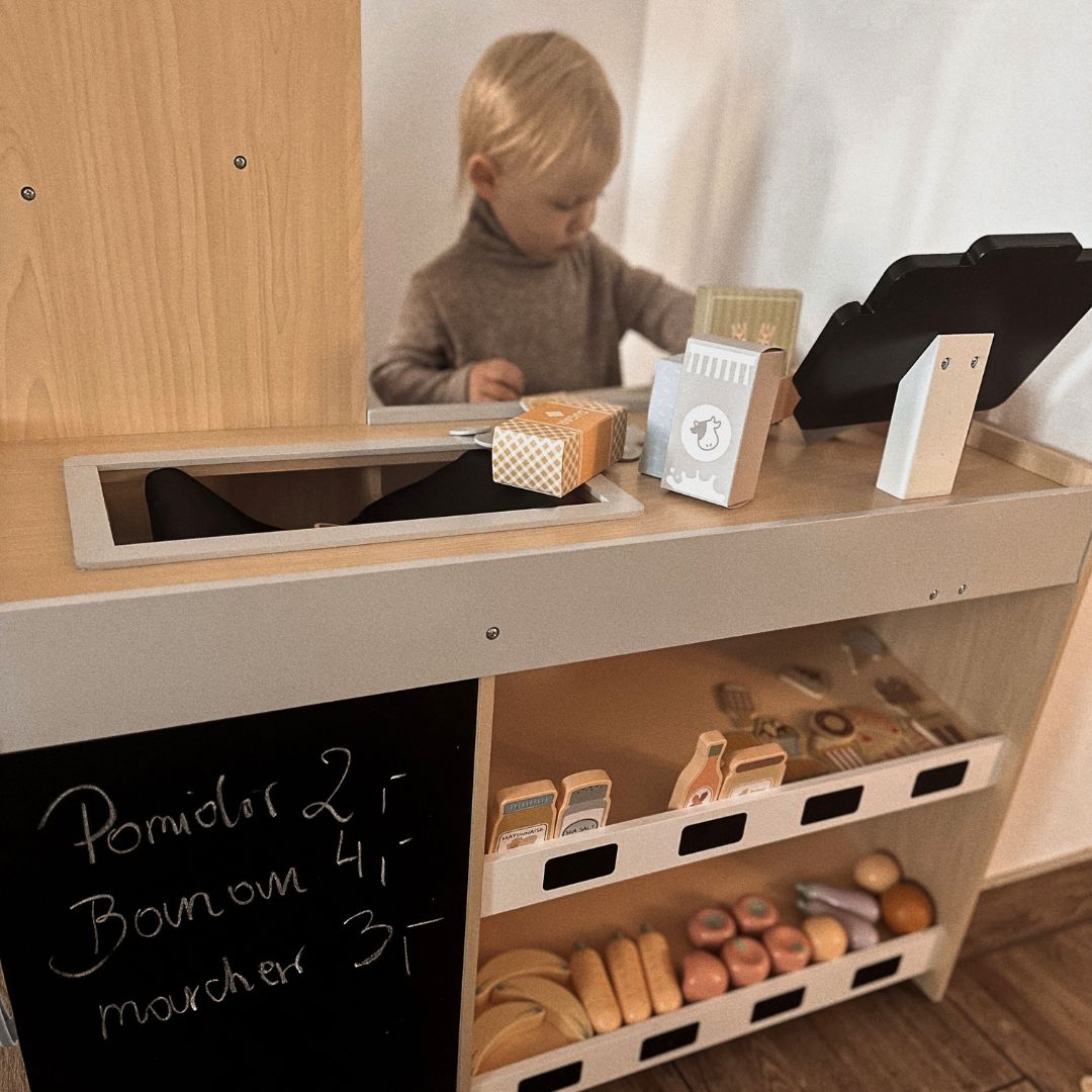 Piață de legume din lemn - tarabă mare XXL, magazin cu casă de marcat