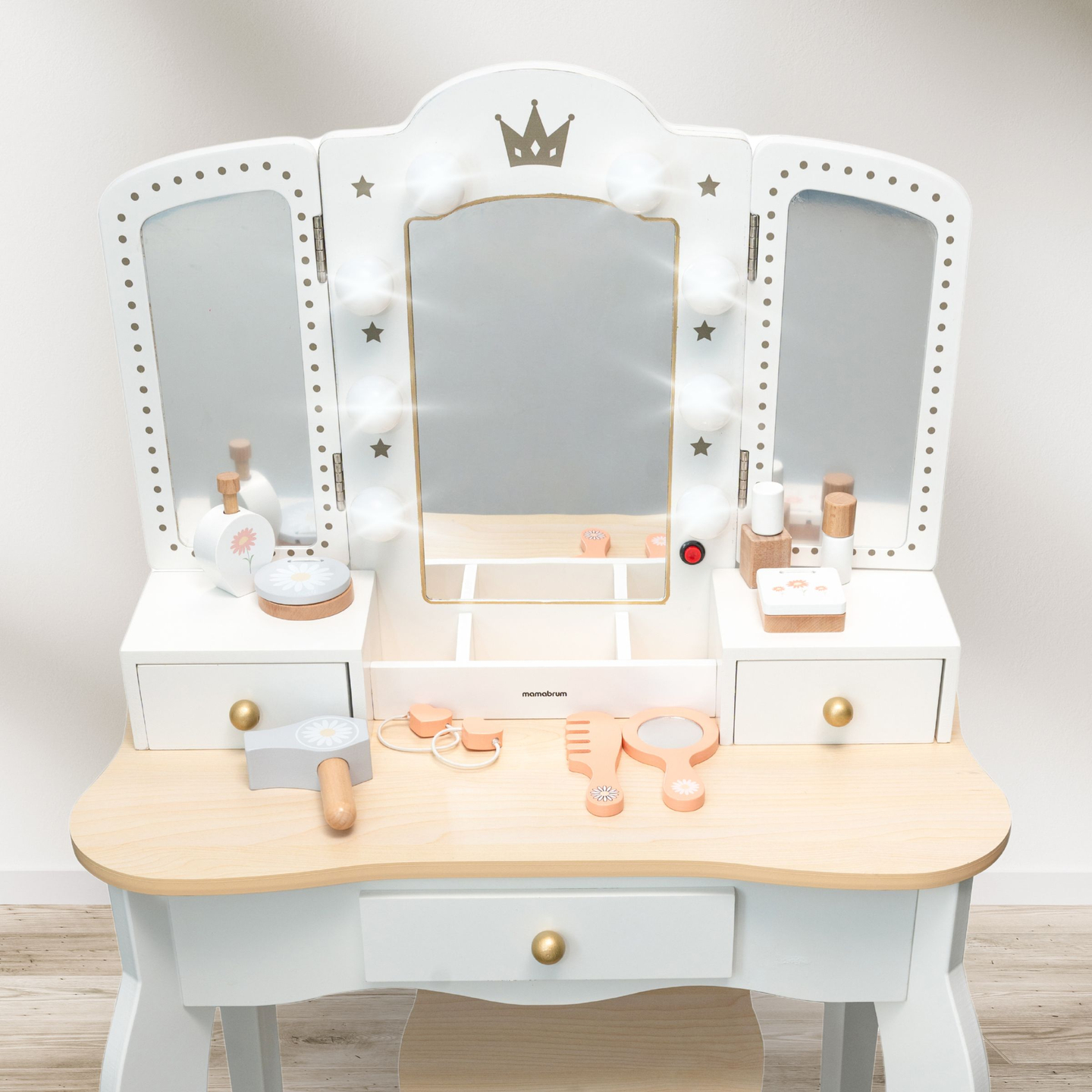 Masă de toaletă XXL din lemn cu taburet și iluminare LED pentru copii + accesorii