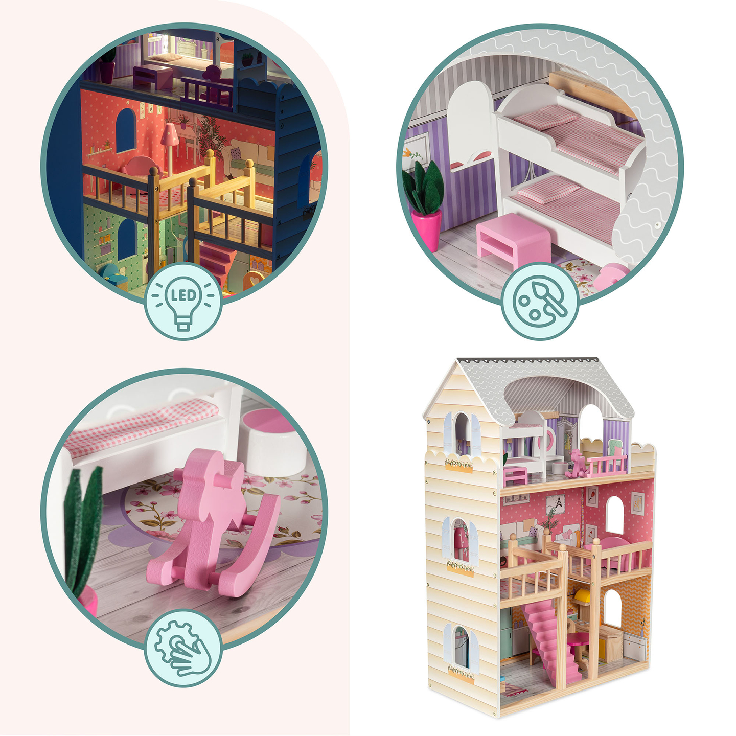 Casă mare de păpuși din lemn cu 3 etaje, cu terasă, set de mobilier și iluminare cu LED-uri!