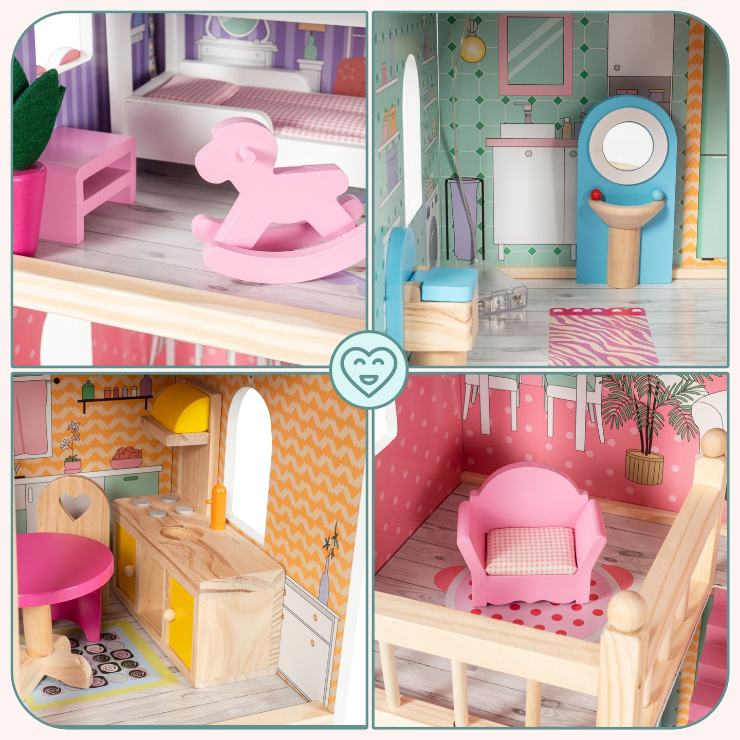 Casă mare de păpuși din lemn cu 3 etaje, cu terasă, set de mobilier și iluminare cu LED-uri!