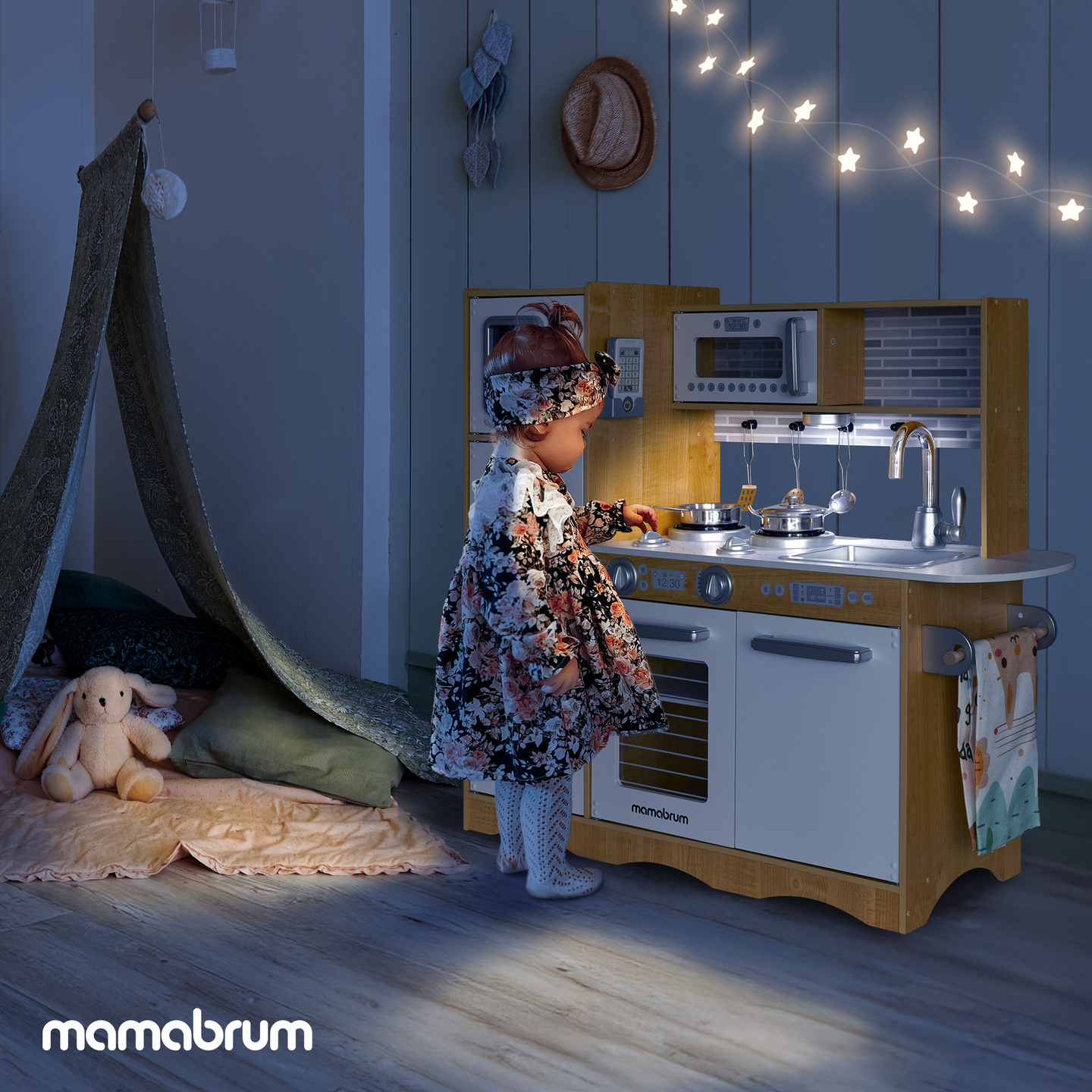 Bucătărie XXL din lemn cu iluminare LED, șorț și accesorii