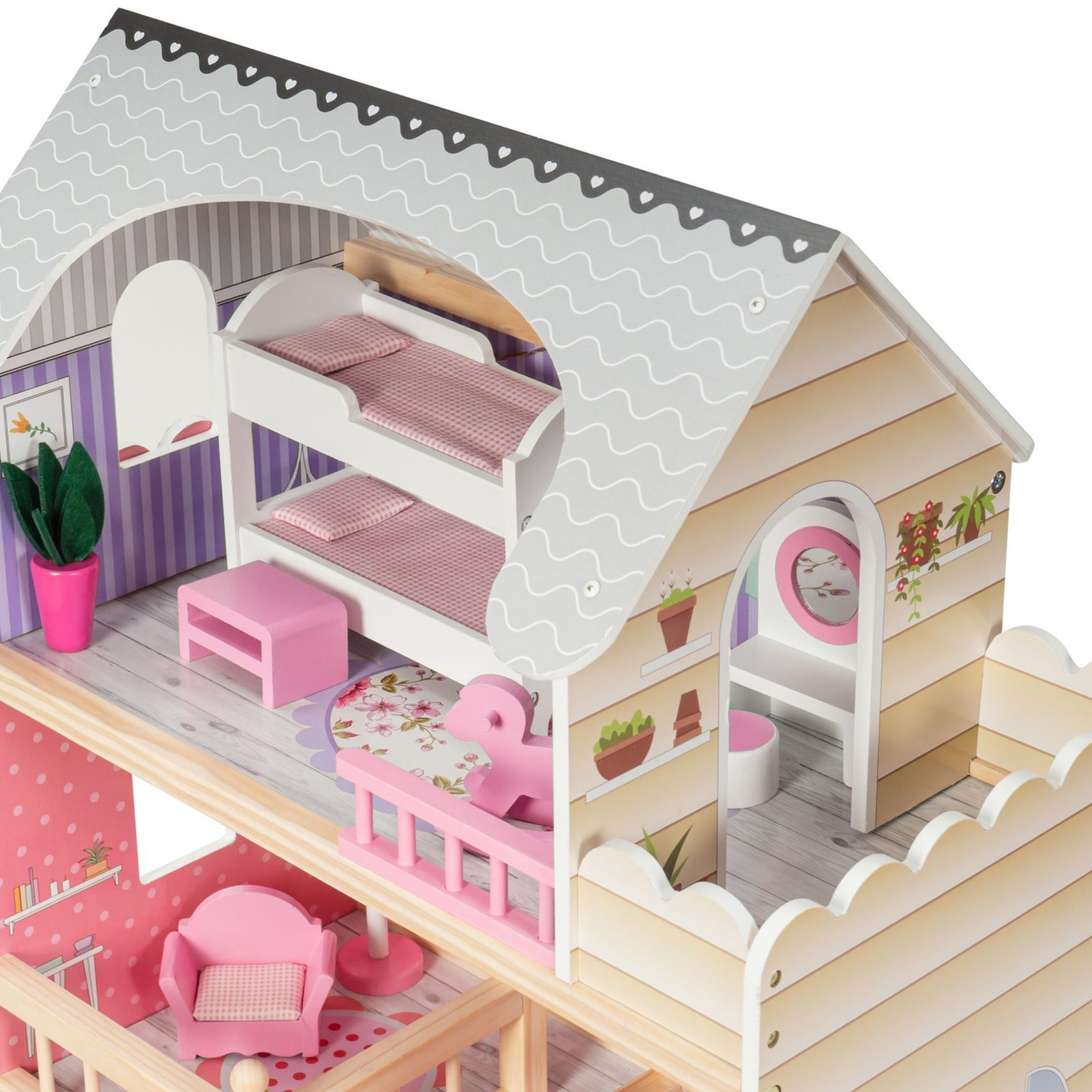 Casă mare de păpuși din lemn cu 3 etaje, cu terasă, set de mobilier și iluminare cu LED-uri!