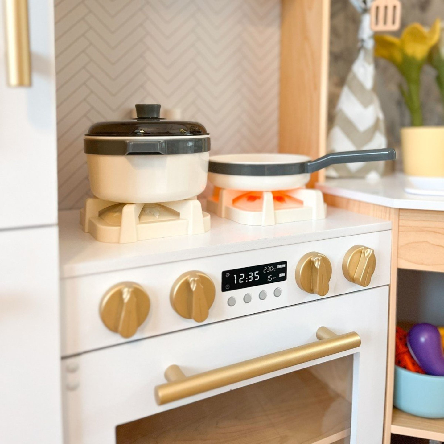 XXXXL bucătărie interactivă mare din lemn cu iluminare LED, mașină de spălat, mașină de cafea cu microunde și set de fructe și legume - 50 de elemente