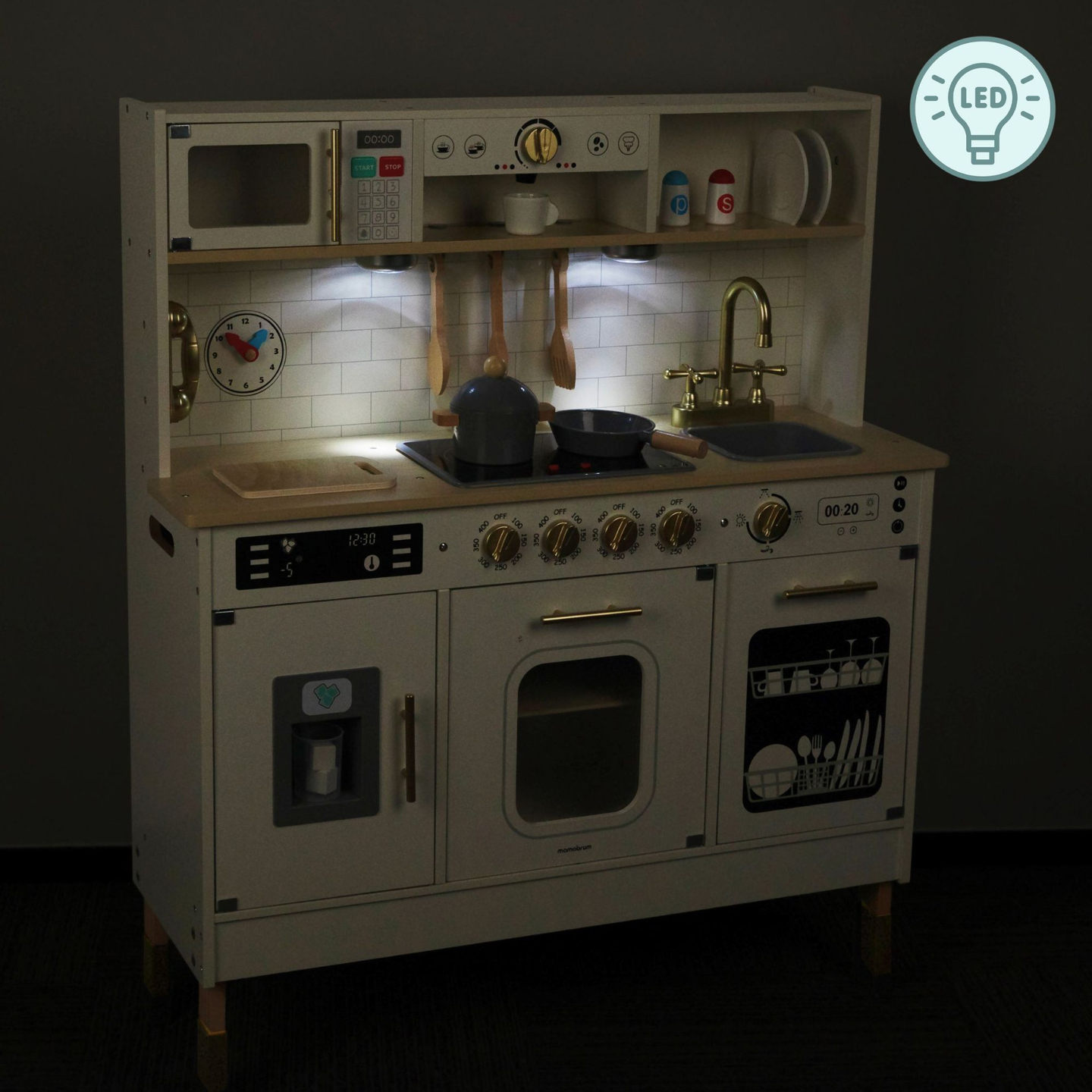 Bucătărie interactivă din lemn XXL cu accesorii și iluminare LED - pe două niveluri