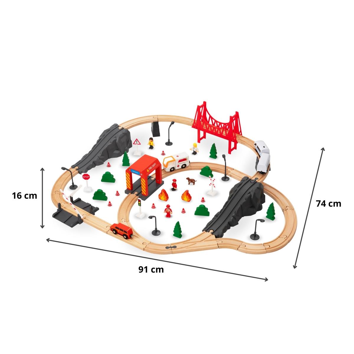 Tren din lemn, tren alimentat cu baterii - Pompieri, șine, vagoane, poduri, barieră