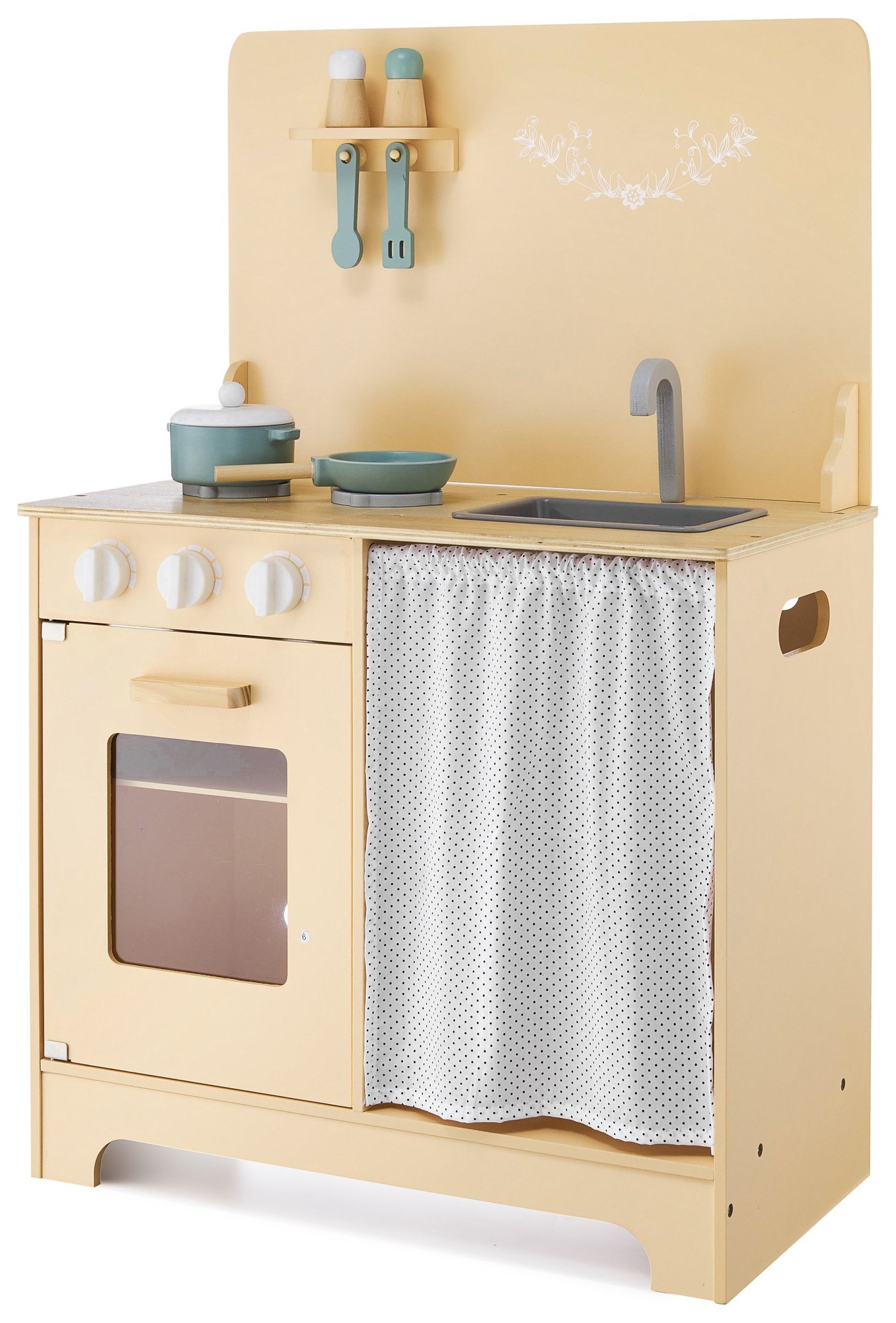 Bucătărie din lemn cu șorț, accesorii și iluminat cu LED-uri