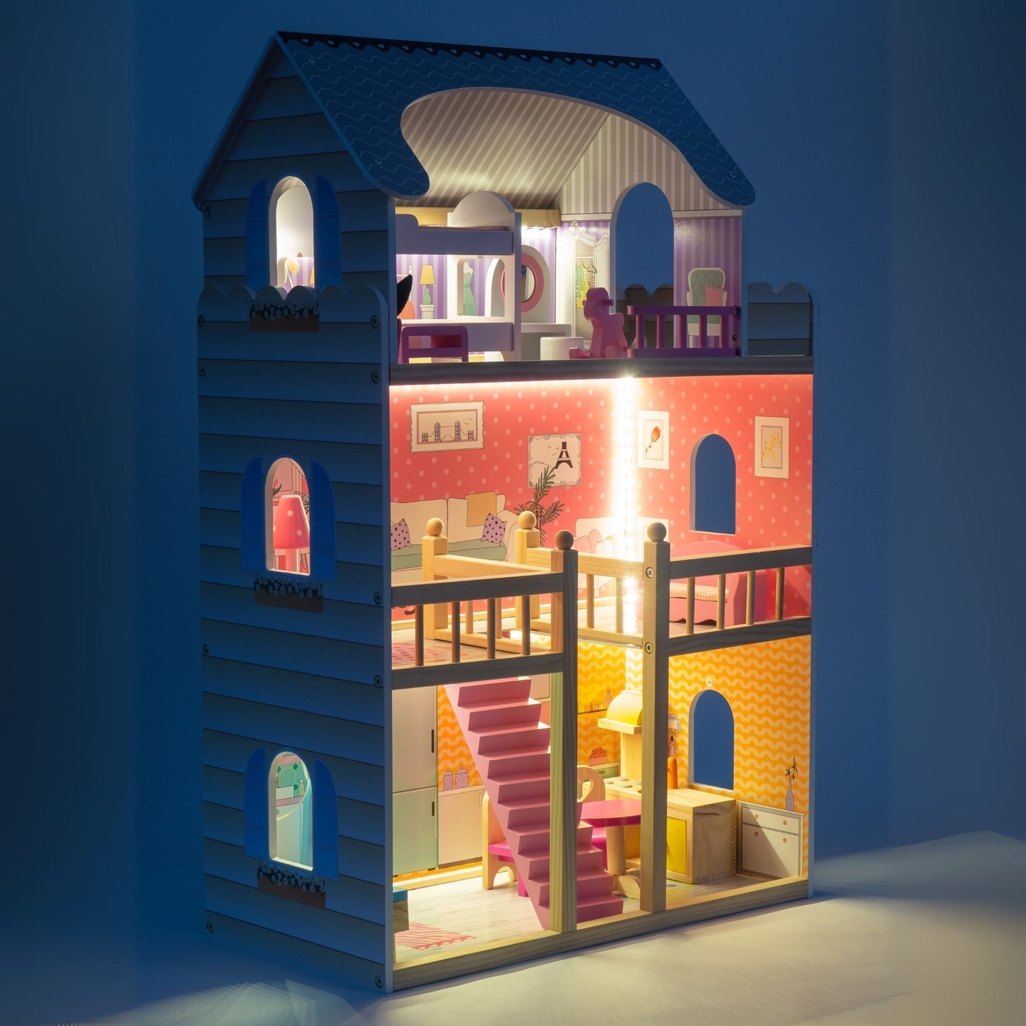 Casă mare de păpuși din lemn cu 3 etaje, cu terasă, set de mobilier și iluminare cu LED-uri!