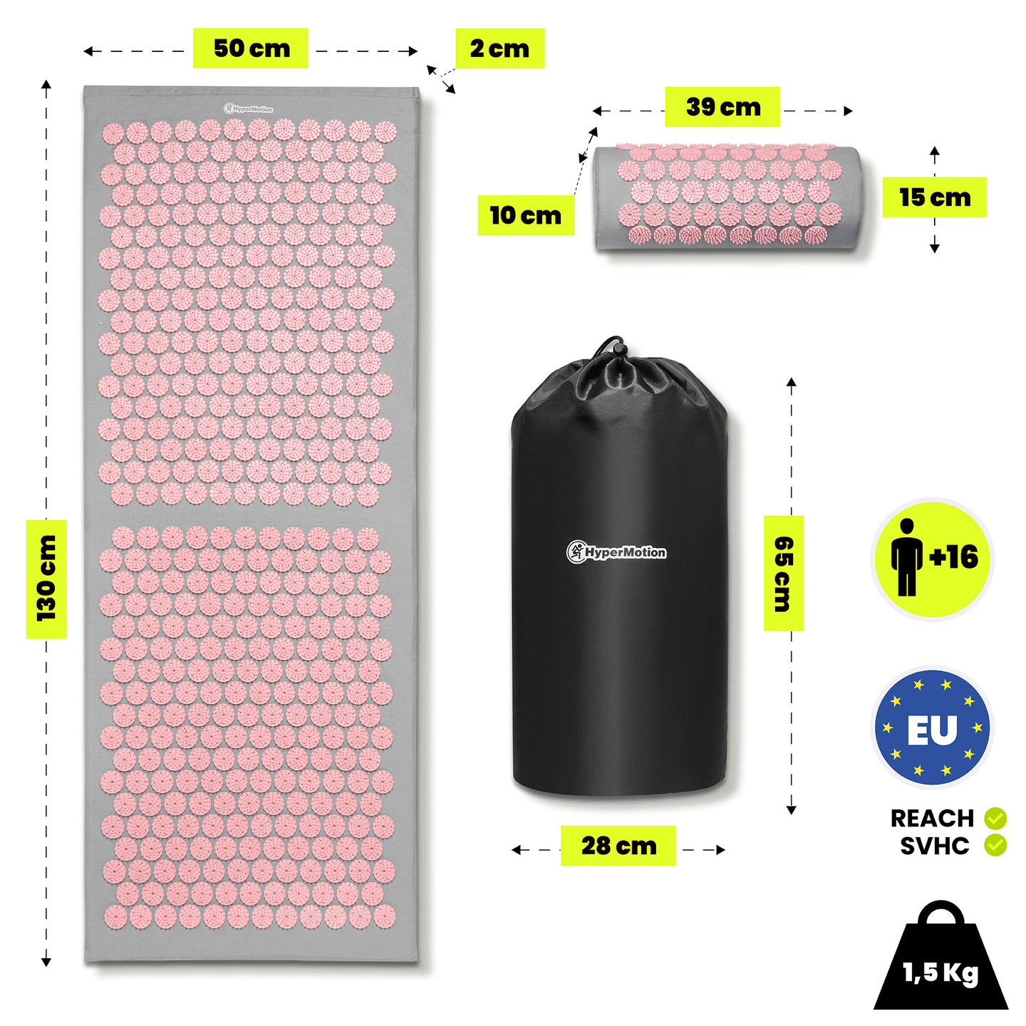 Saltea mare de presopunctură cu pernă și husă - 130 cm HyperMotion gri și roz