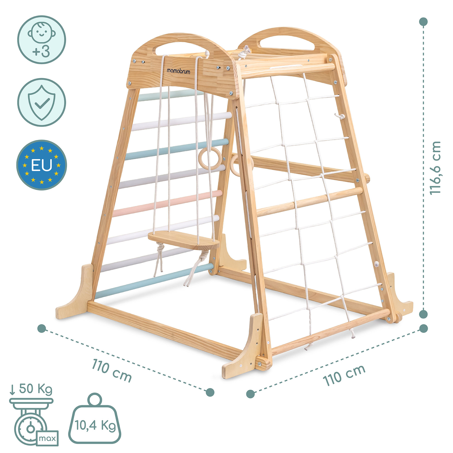 Loc de joacă interior din lemn cu leagăn, inele de gimnastică și plasă de cățărat