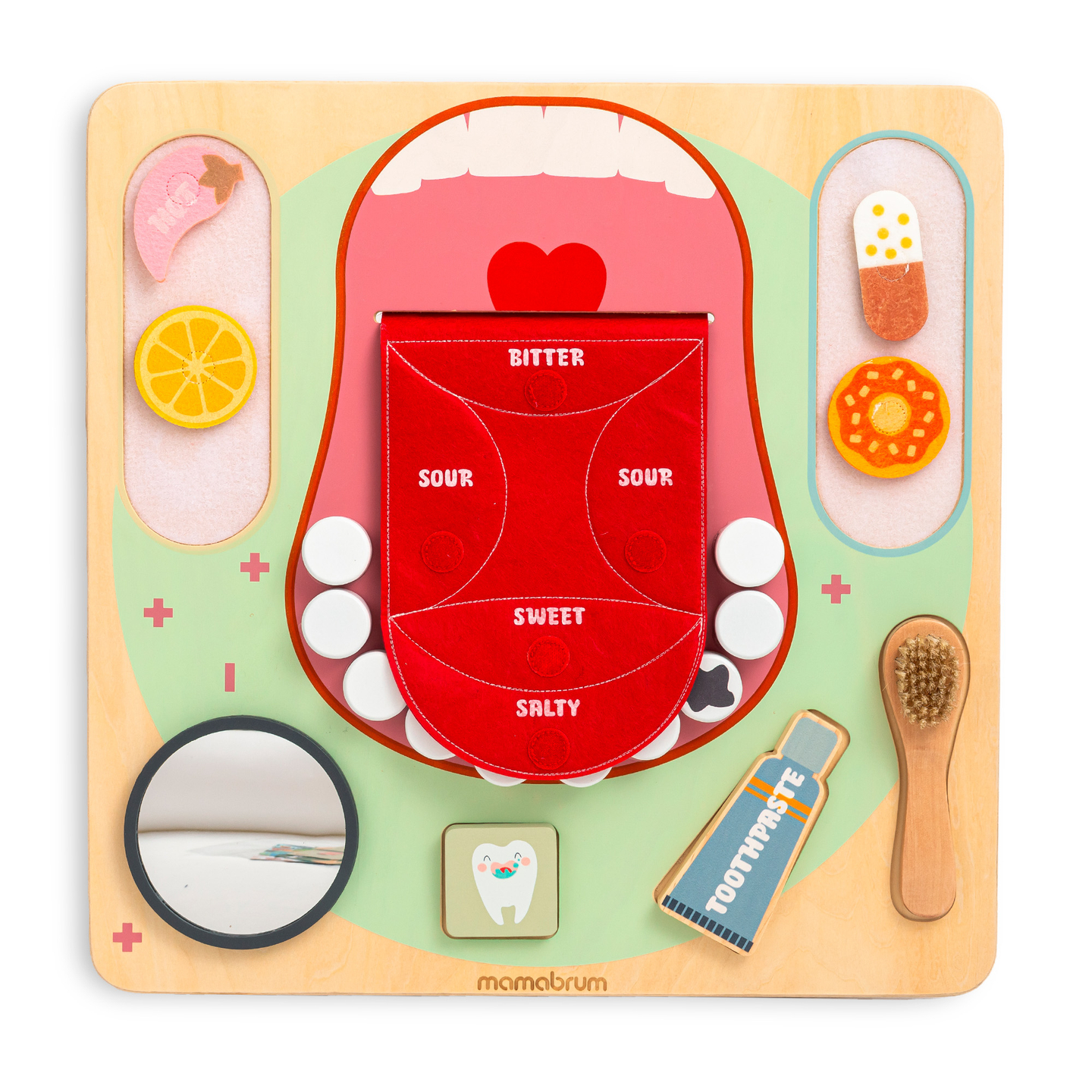 Tablă educațională Montessori din lemn pentru micul dentist - periuță de dinți, pastă de dinți, dinți detașabili, oglindă, mâncare, arome didactice