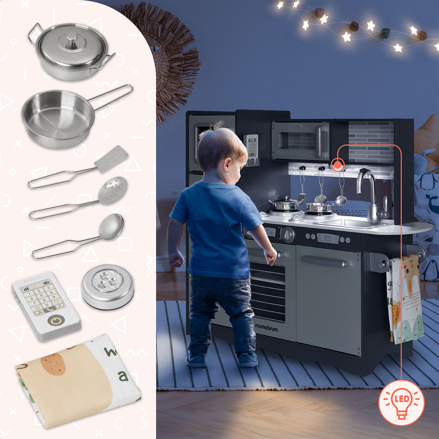 Bucătărie XXL din lemn cu iluminare LED, șorț și accesorii