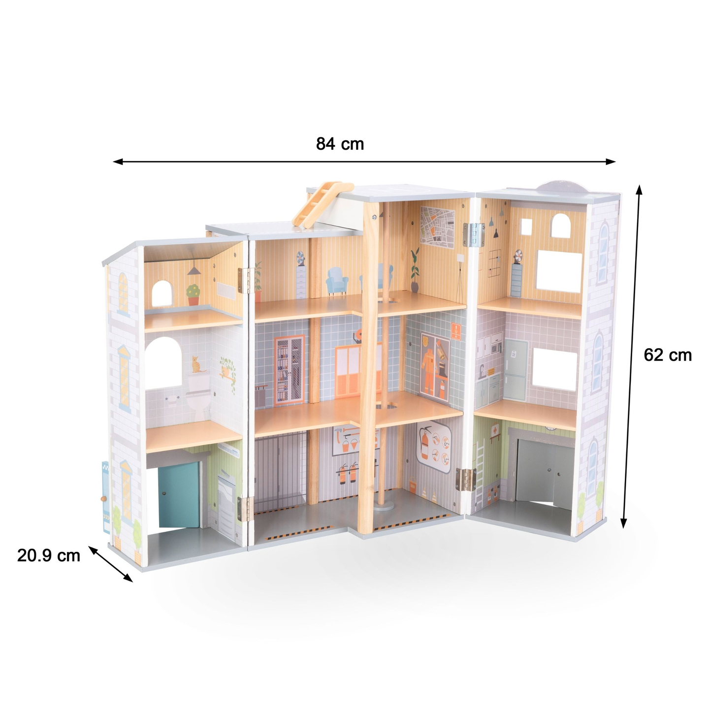 Stație mare de pompieri pliabilă cu stație de poliție - set din lemn. Stație de pompieri și stație de poliție cu accesorii.