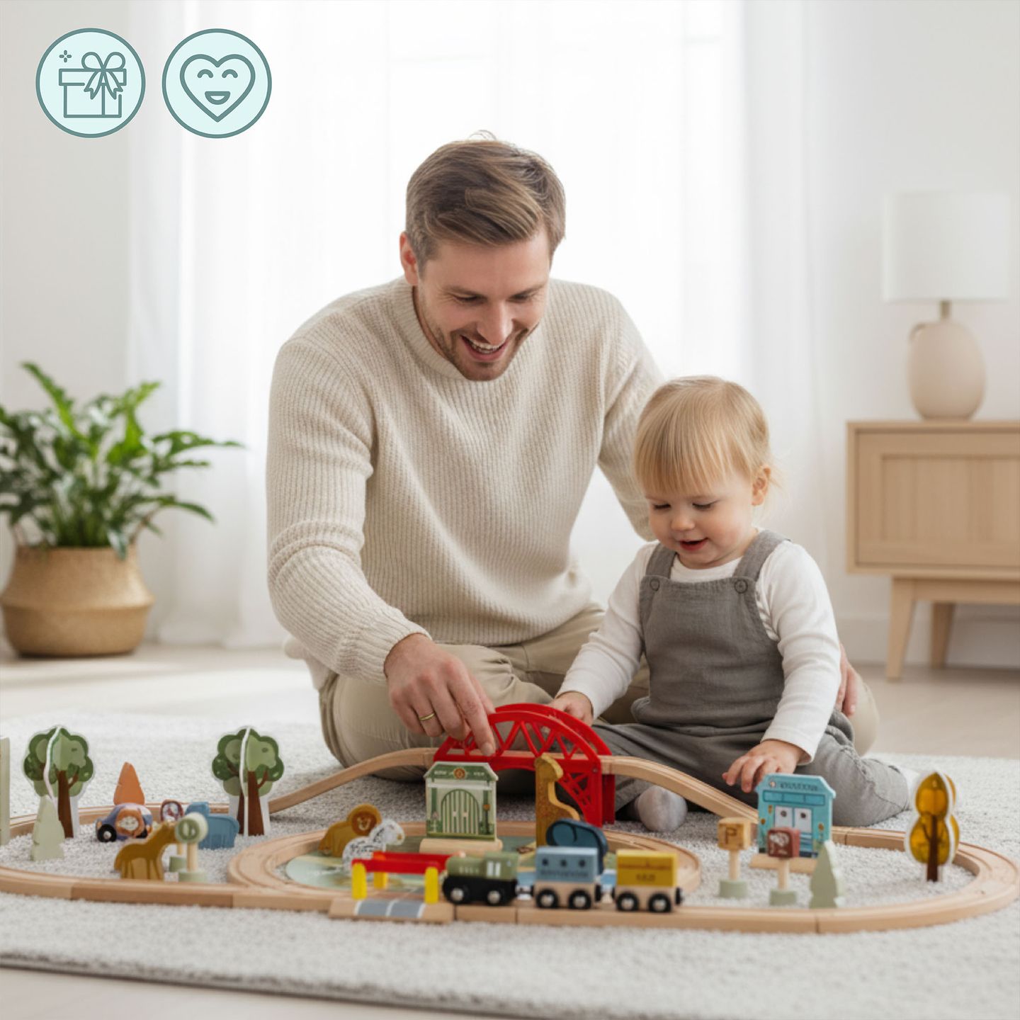 Trenuleț din lemn pentru grădina zoologică – puzzle, tren, șine, animale, pod, barieră