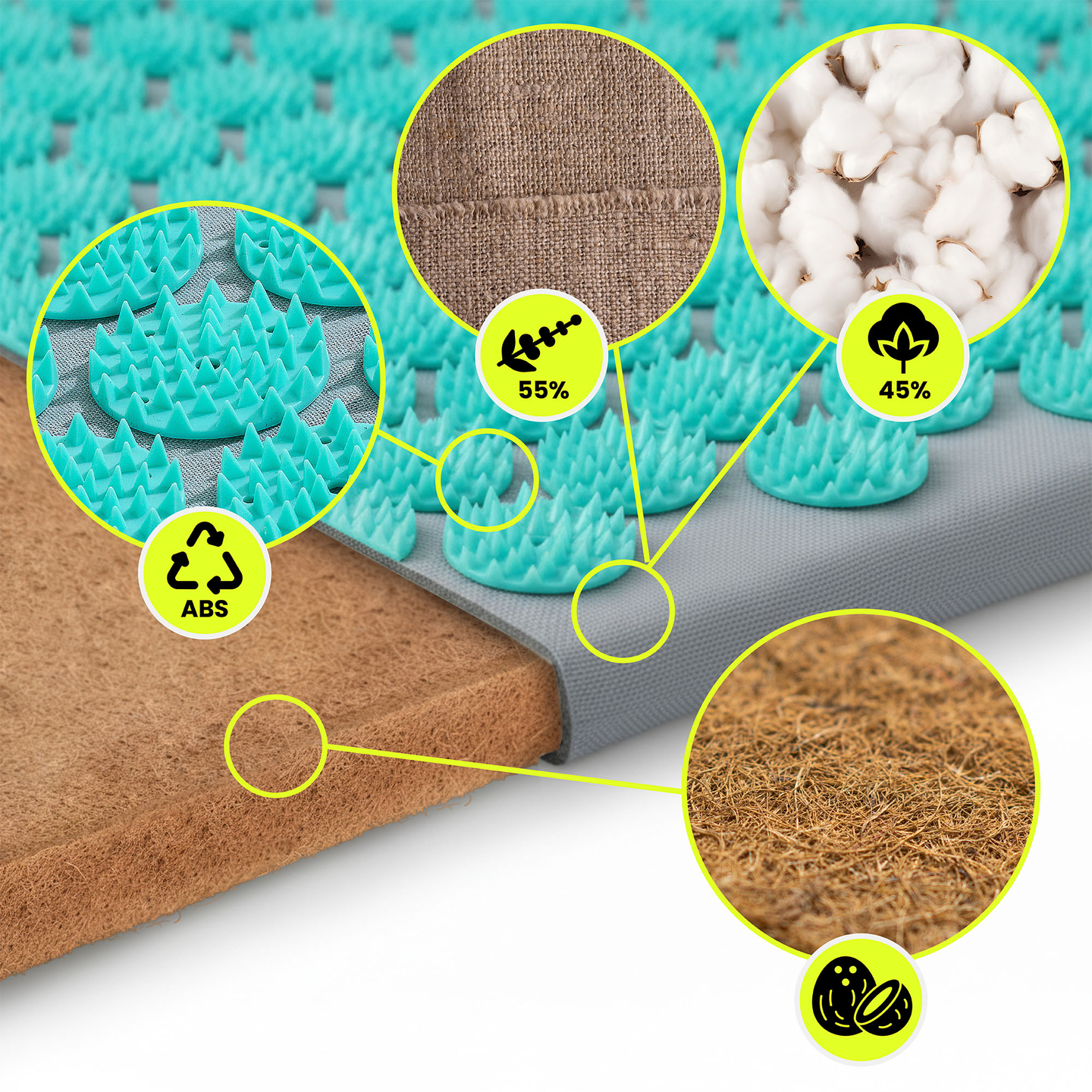 Saltea de presopunctură ECO din in cu fibră de cocos și pernă de hrișcă – 68 cm HyperMotion Gri-Mentă
