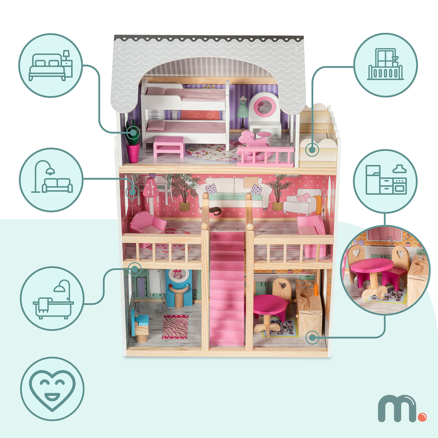 Casă mare de păpuși din lemn cu 3 etaje, cu terasă, set de mobilier și iluminare cu LED-uri!