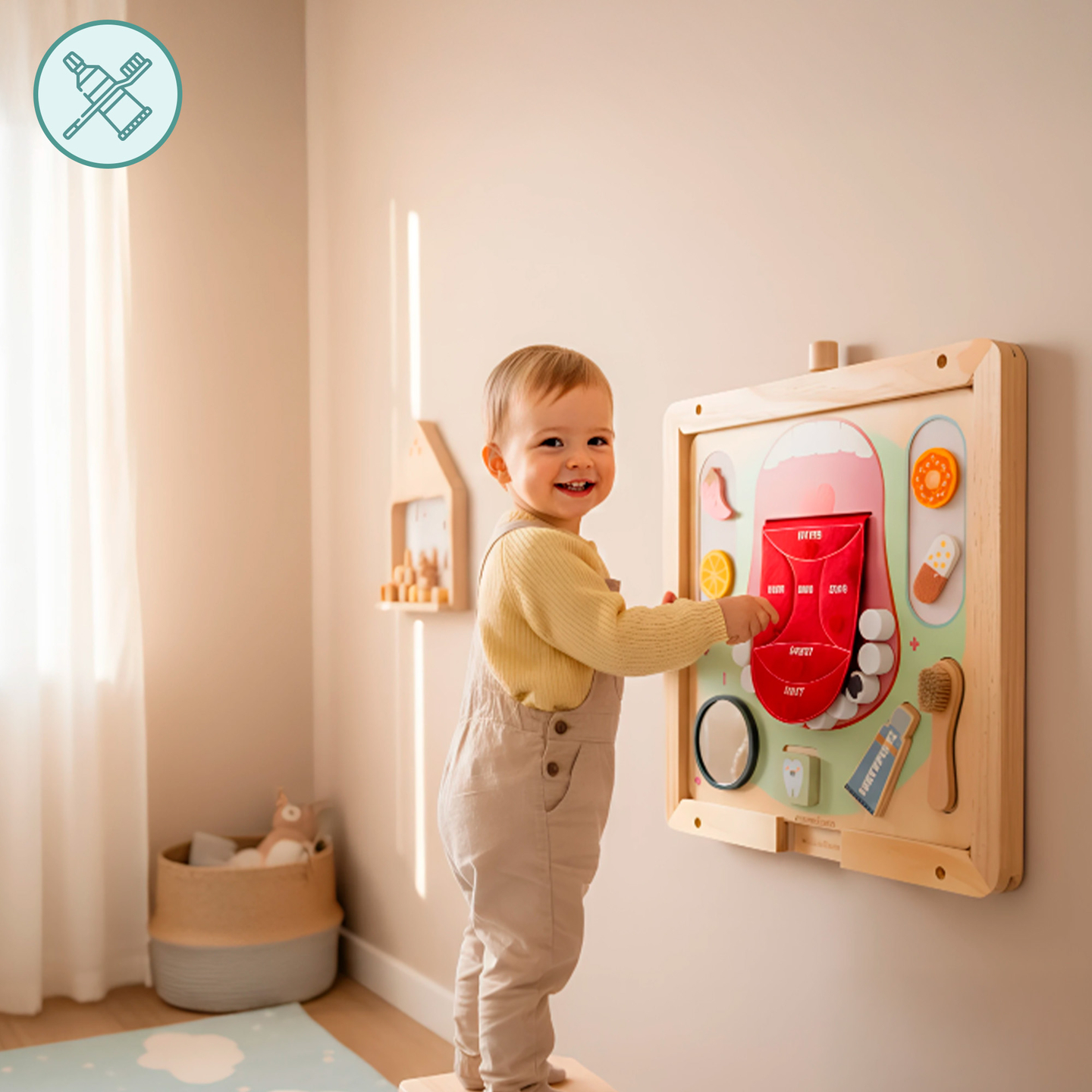 Tablă educațională Montessori din lemn pentru micul dentist - periuță de dinți, pastă de dinți, dinți detașabili, oglindă, mâncare, arome didactice