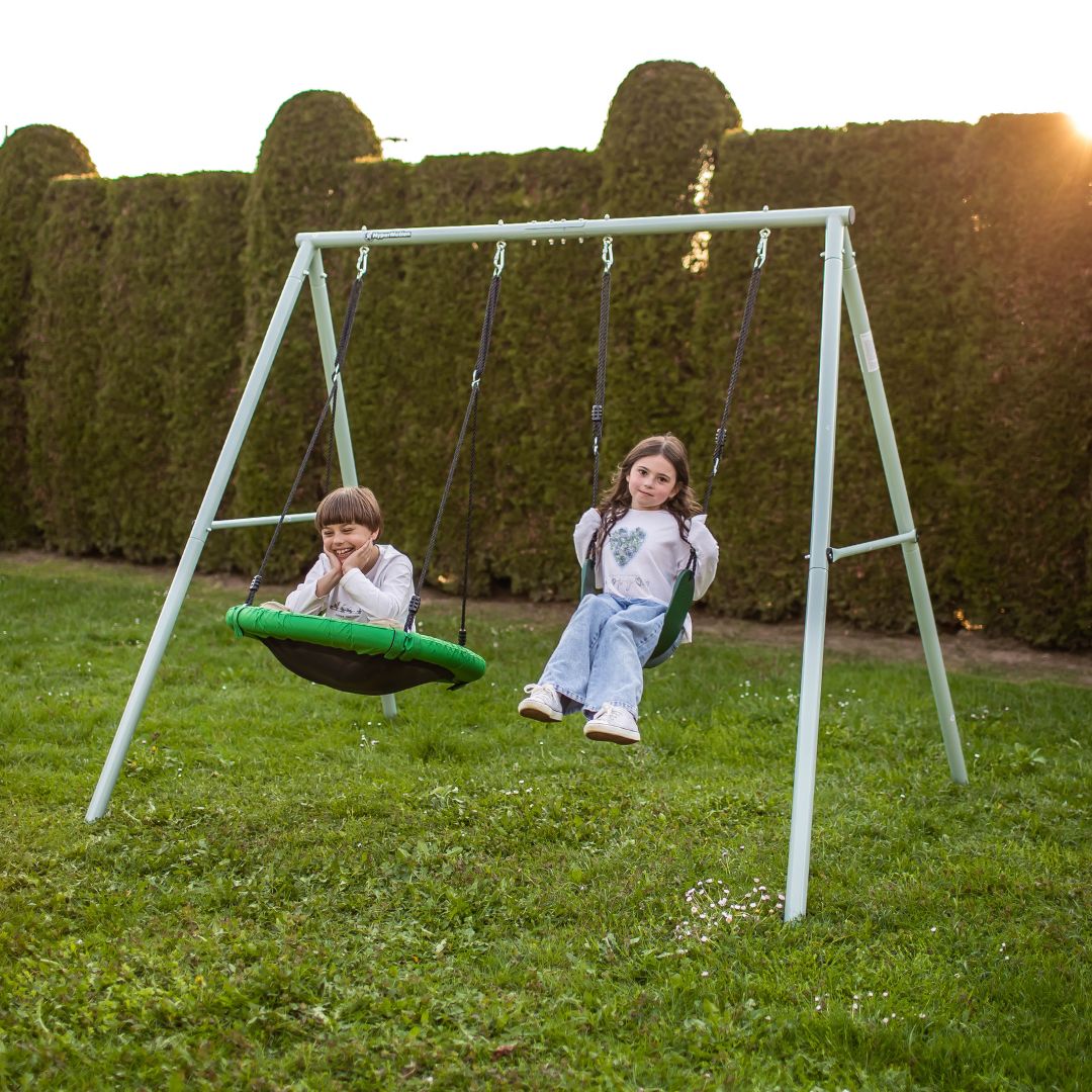 Leagăn dublu de grădină cu cadru și frânghii - scaun și cuib de barză