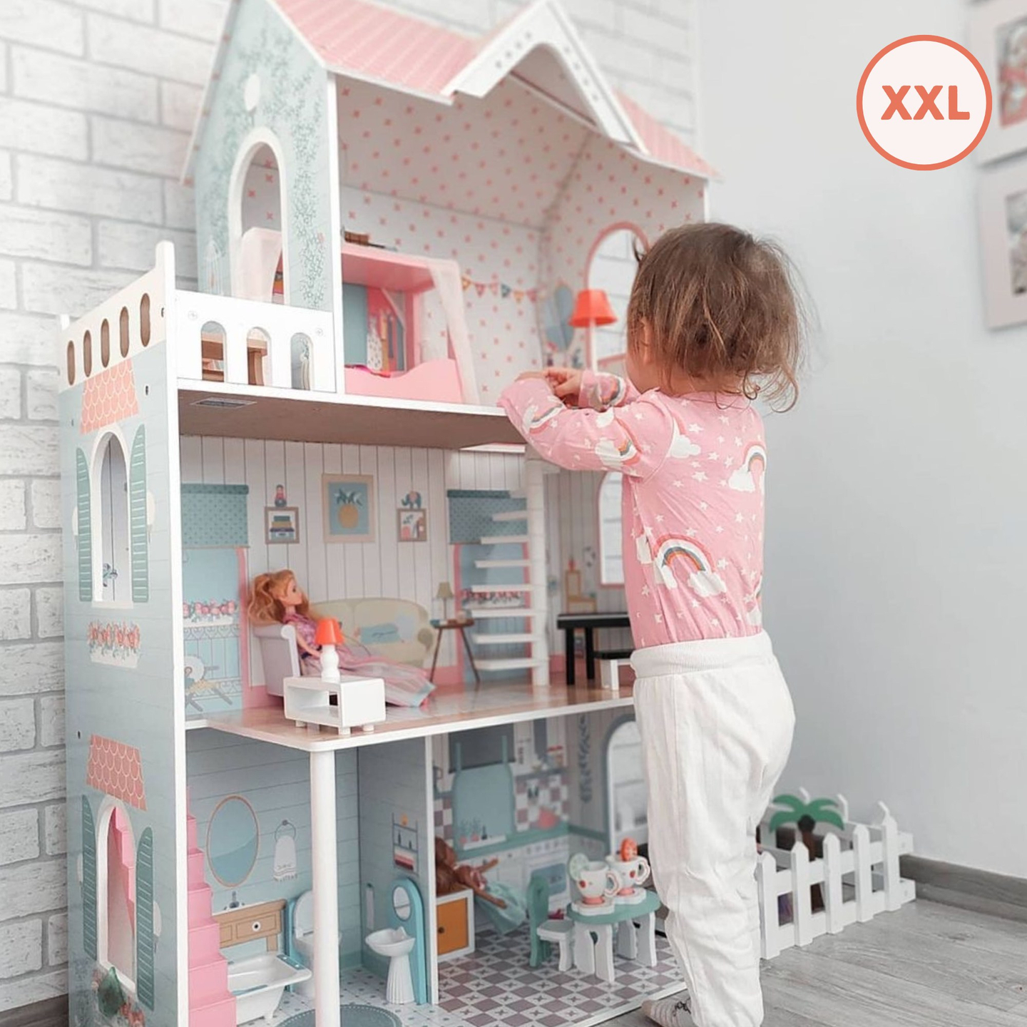 XXL Cea mai mare casă de păpuși din lemn - 123 cm - iluminată cu LED-uri - terasă, accesorii, grădină