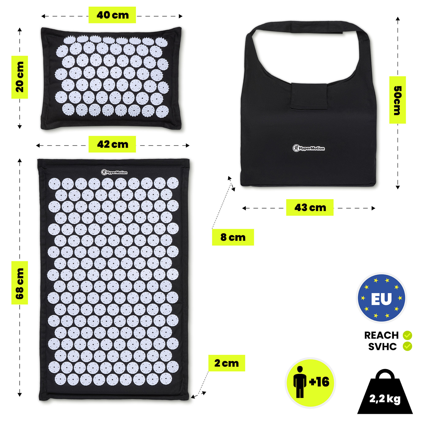 Saltea de presopunctură ECO din in cu fibră de cocos și pernă de hrișcă – 68 cm HyperMotion alb-negru