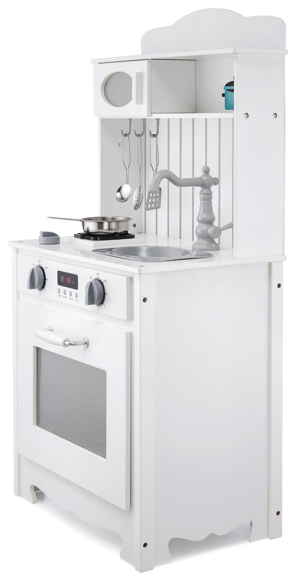 Bucătărie albă din lemn cu șorț, accesorii și lampă LED