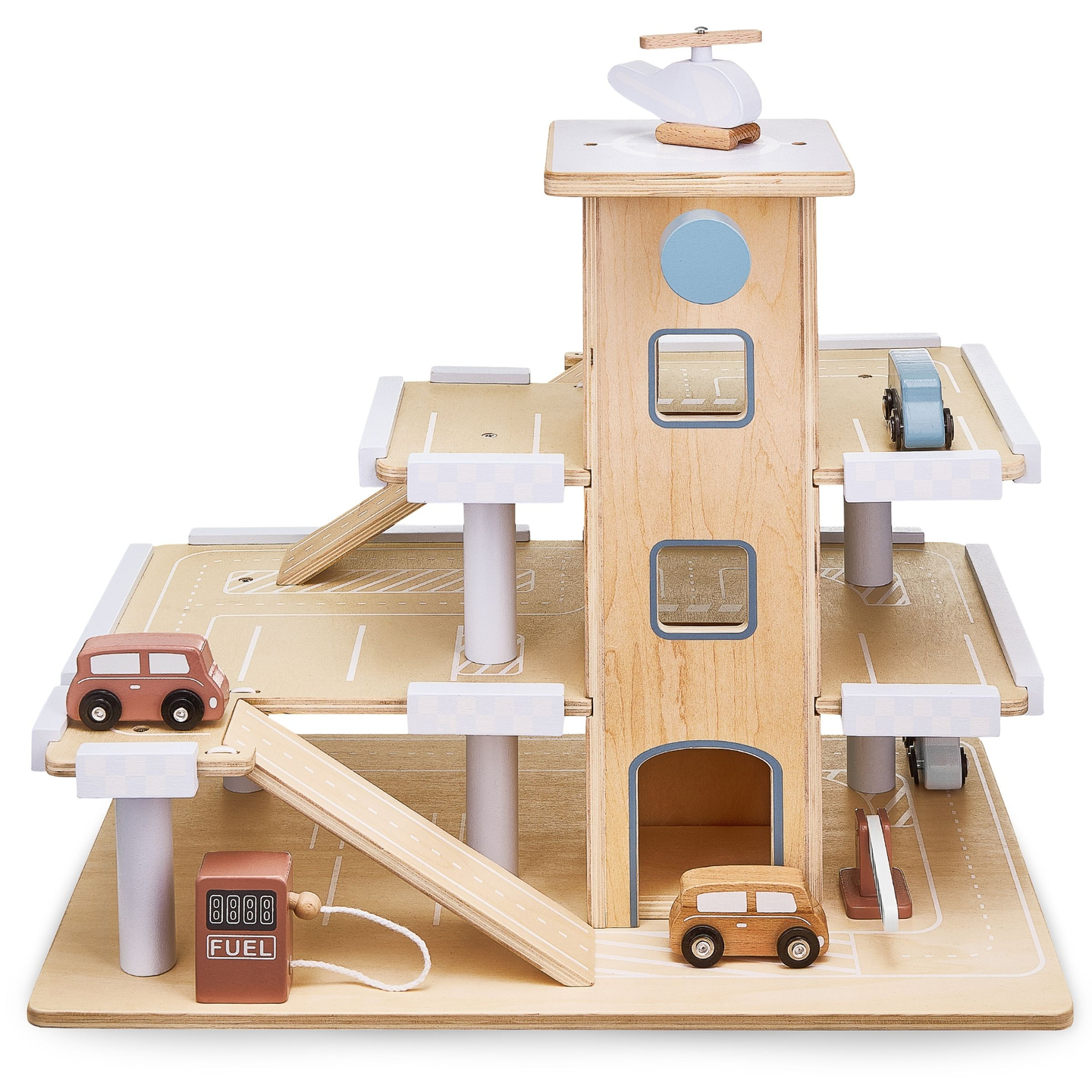 Parcare din lemn pe trei etaje cu lift - garaj cu mașini și elicopter