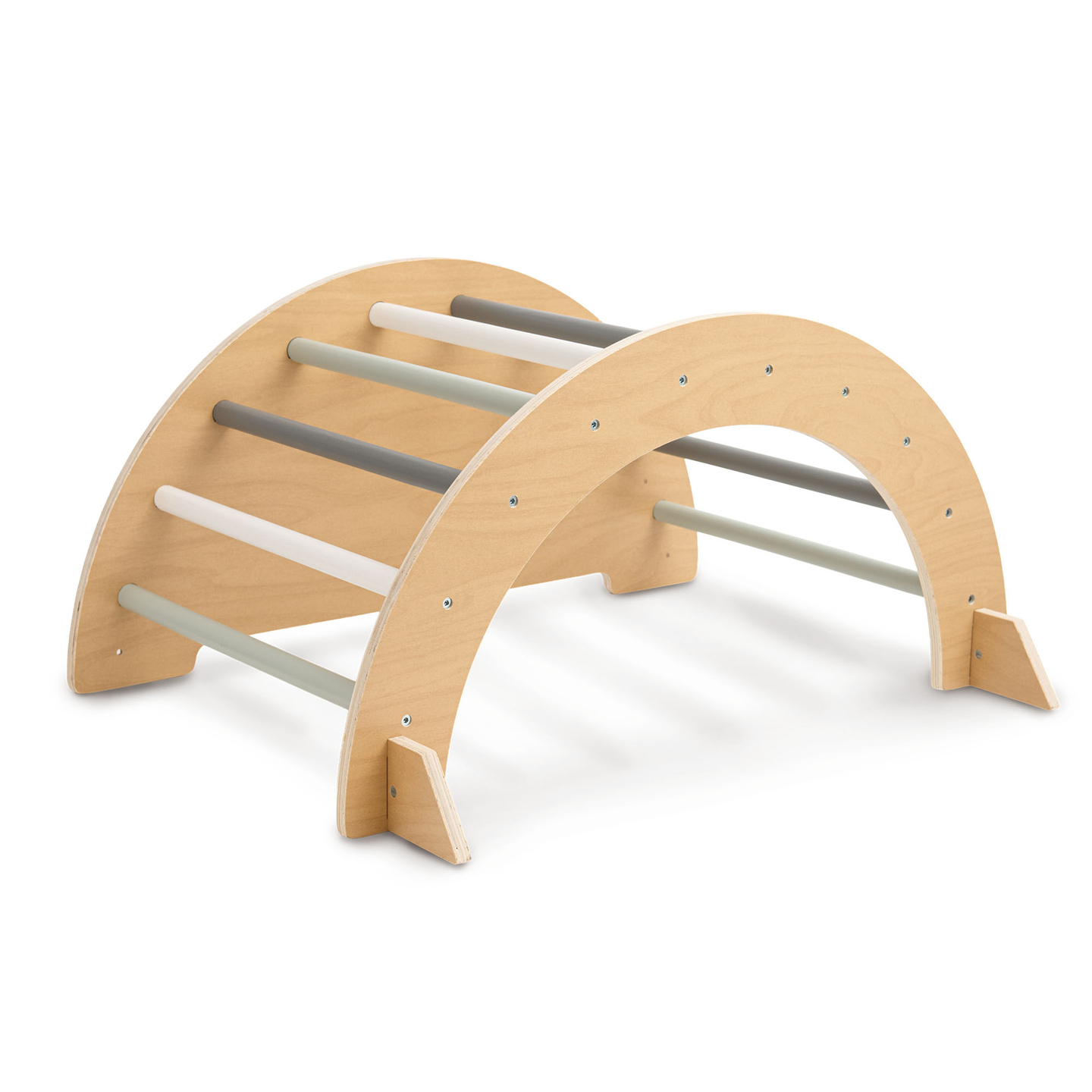 Loc de joacă interior din lemn pentru copii - perete de cățărat, tobogan, arc/balansoar de cățărat și triunghi Pikler