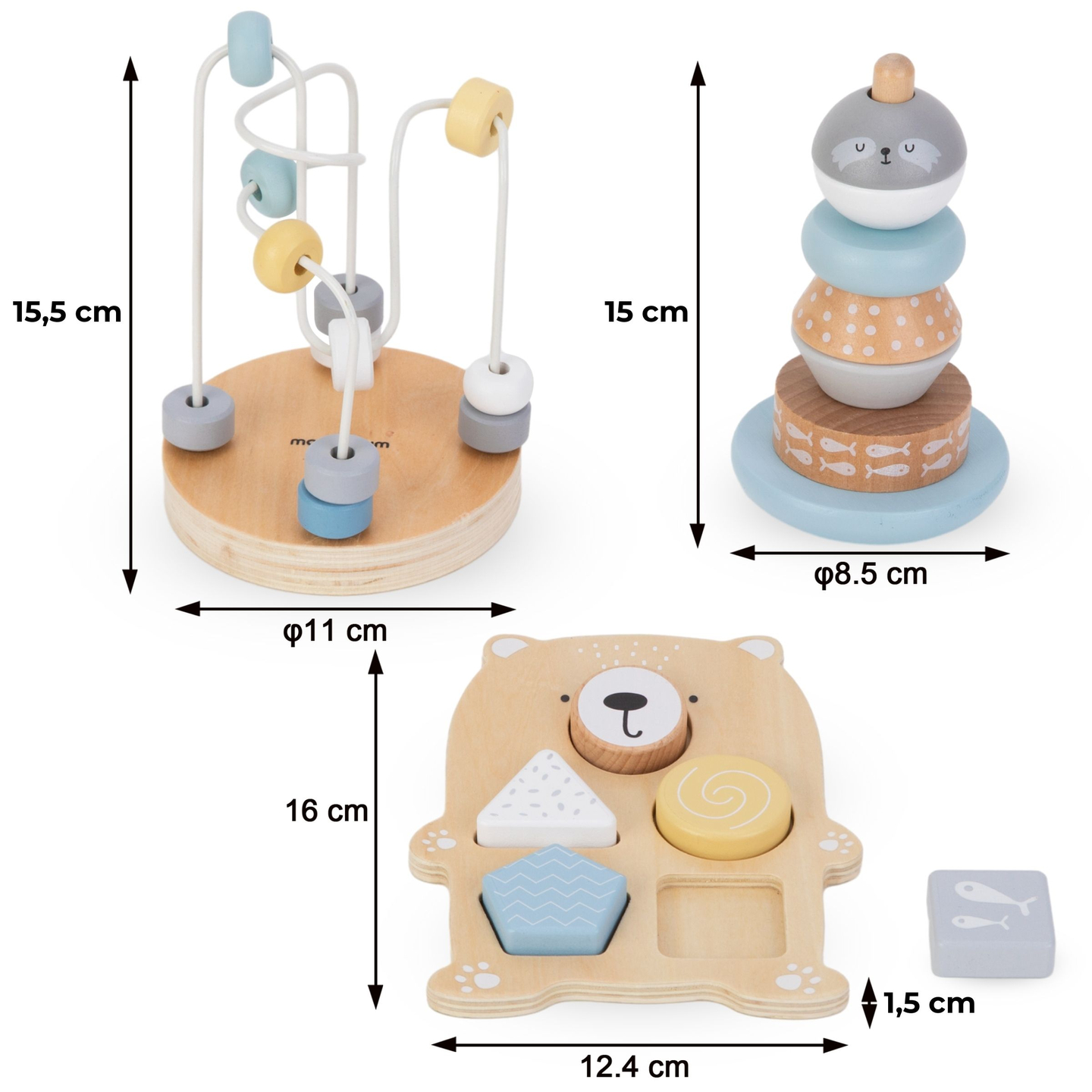 Set de jucării din lemn - împletitură colorată, piramidă de sigiliu, sortator de ursuleți de pluș
