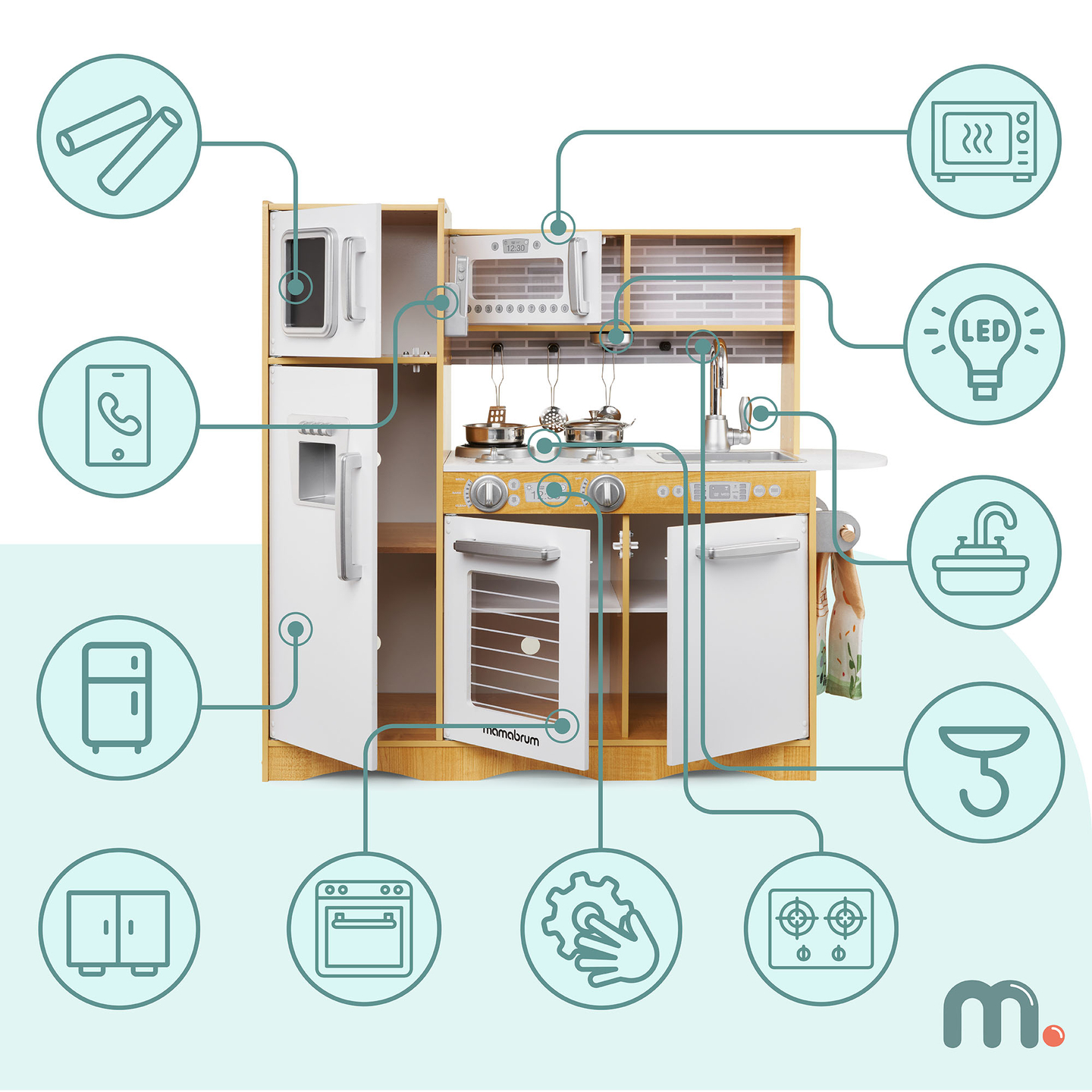 Bucătărie XXL din lemn cu iluminare LED, șorț și accesorii