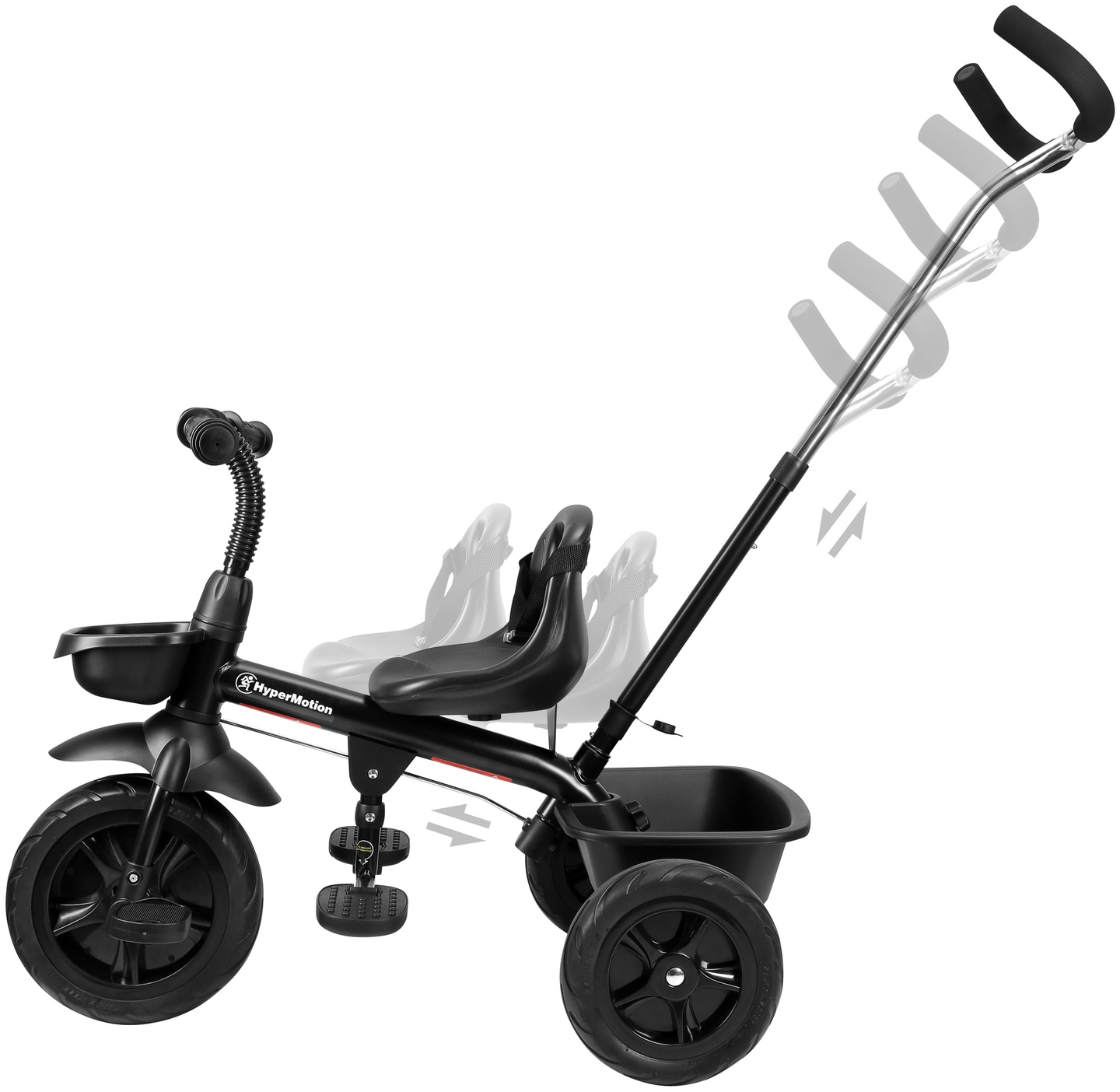 Tricicleta HyperMotion TOBI VECTOR - roți gonflabile veșnice + bară de împingere. Culoare: negru.