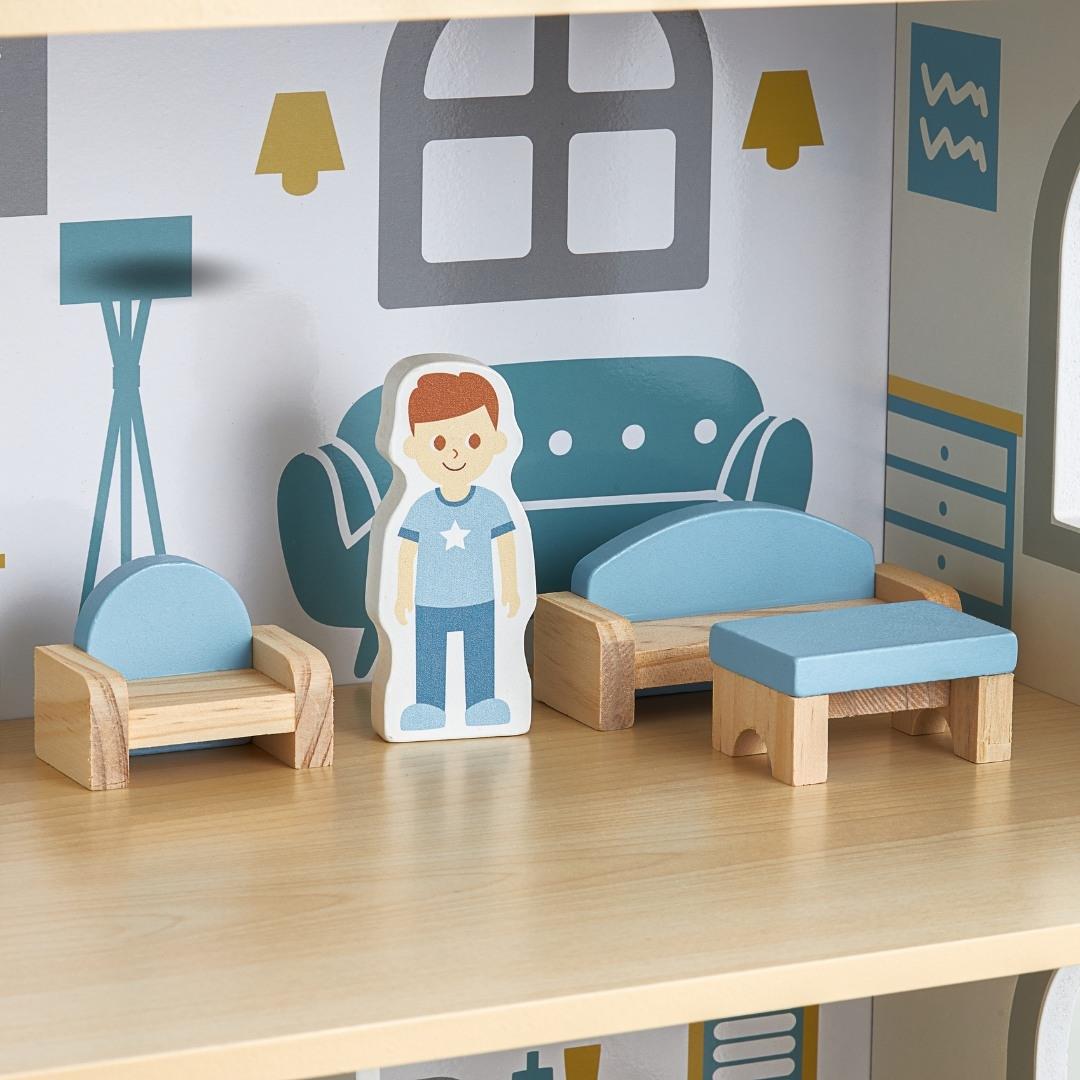 Casă albă din lemn pentru păpuși cu terasă și accesorii