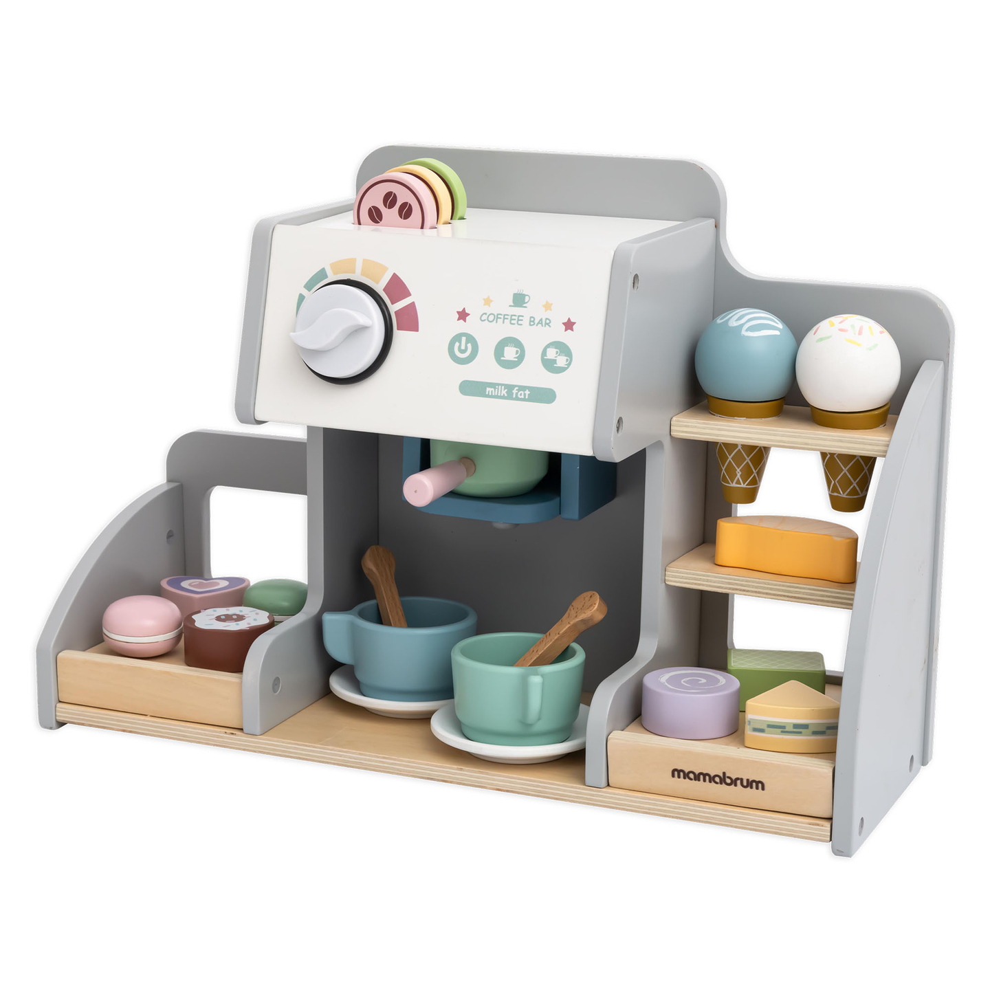 Un salon mare de înghețată din lemn cu tablă magnetică, aparat de cafea și set de înghețată și deserturi - peste 70 de piese!