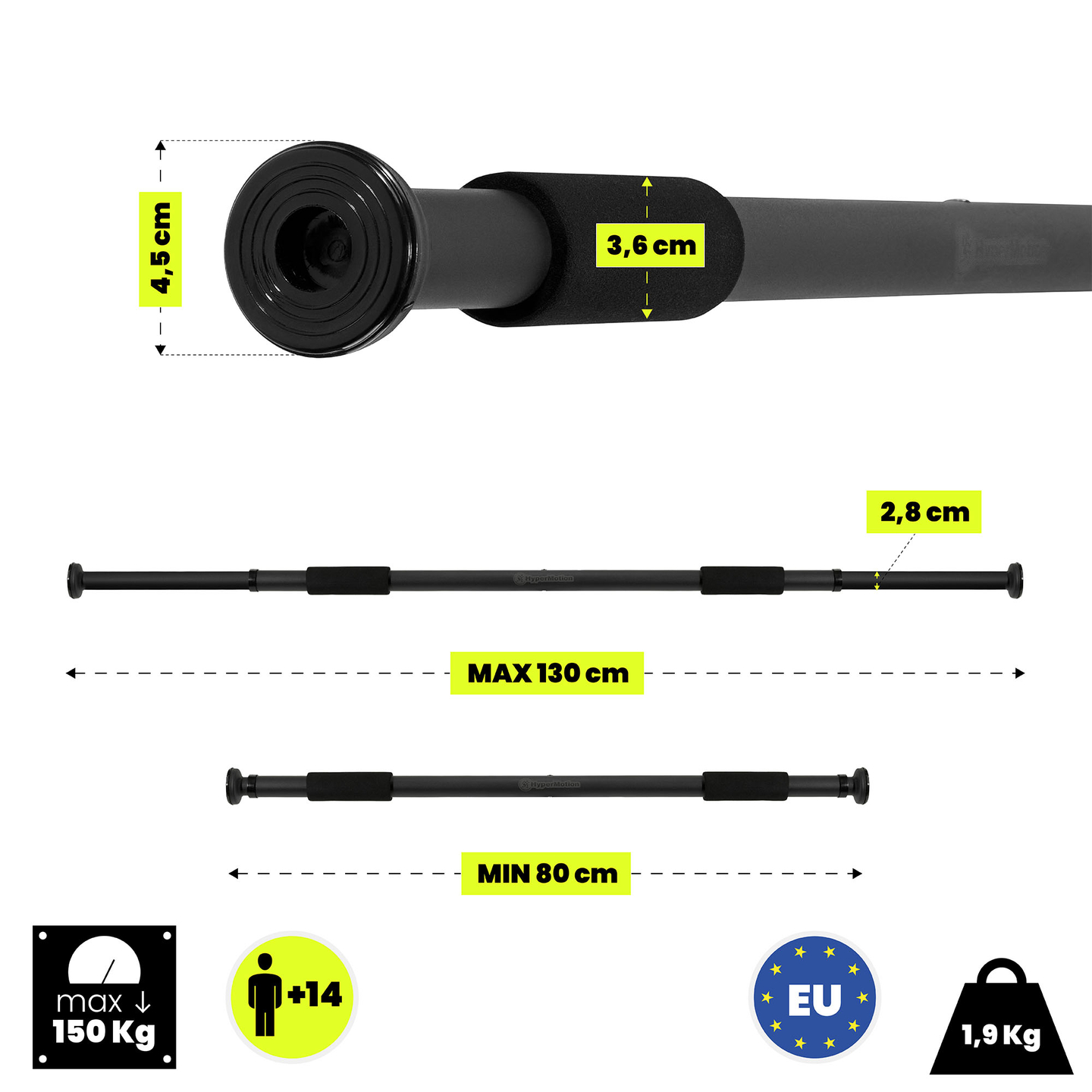 Bară de tracțiuni reglabilă HyperMotion 80-130 cm, 150 kg, Neagră