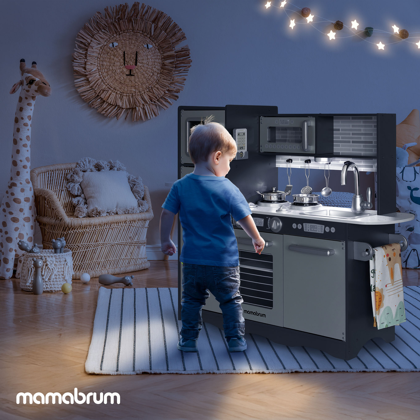 Bucătărie XXL din lemn cu iluminare LED, șorț și accesorii